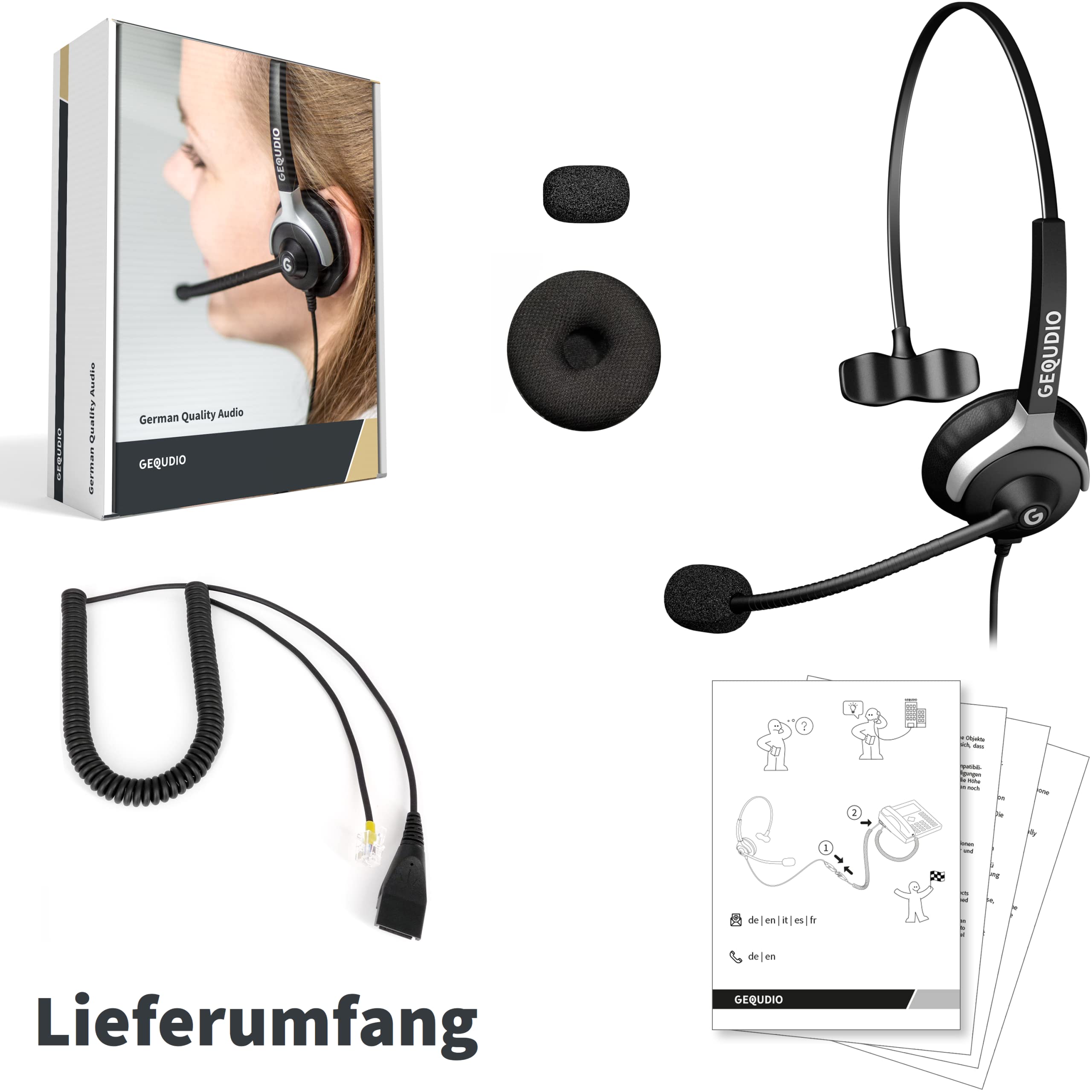 GEQUDIO Headset für GX- und GZ-Serie kompatibel für GX5+ GX7+ GZ-2 GZ-6 GZ-8, Poly/Polycom und Gigaset-RJ Telefon - inklusive RJ Kabel - Kopfhörer & Mikrofon mit Ersatz Polster - 60g leicht (1-Ohr)