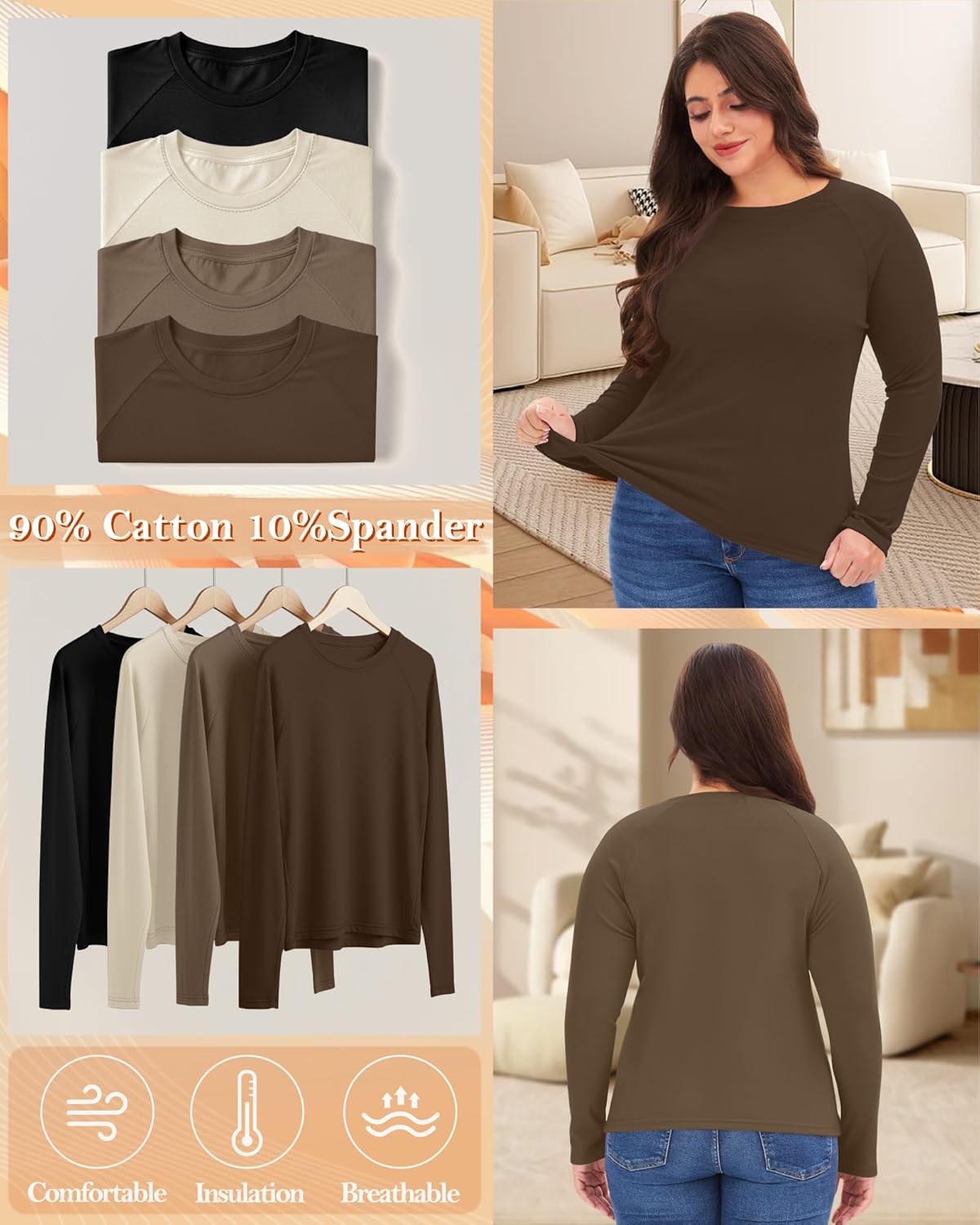 4 Pack Women's Plus Size Thermal Shirts, Fleece Crew Neck Long Sleeve Underwear Tops Slim Fitted Base Layer - Image 5