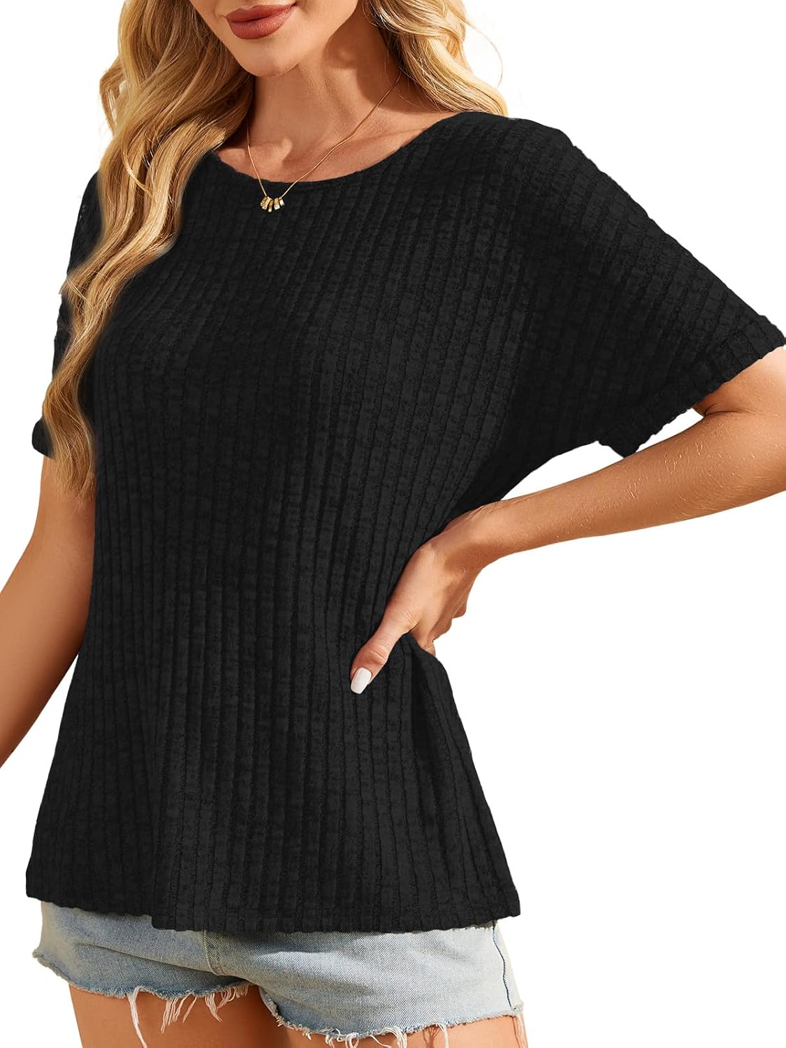 Womens Tops Business Casual Sweaters Short Sleeve Shirts Crew Neck Spring Summer Tops for Women 2025 Loose Fit - Image 2