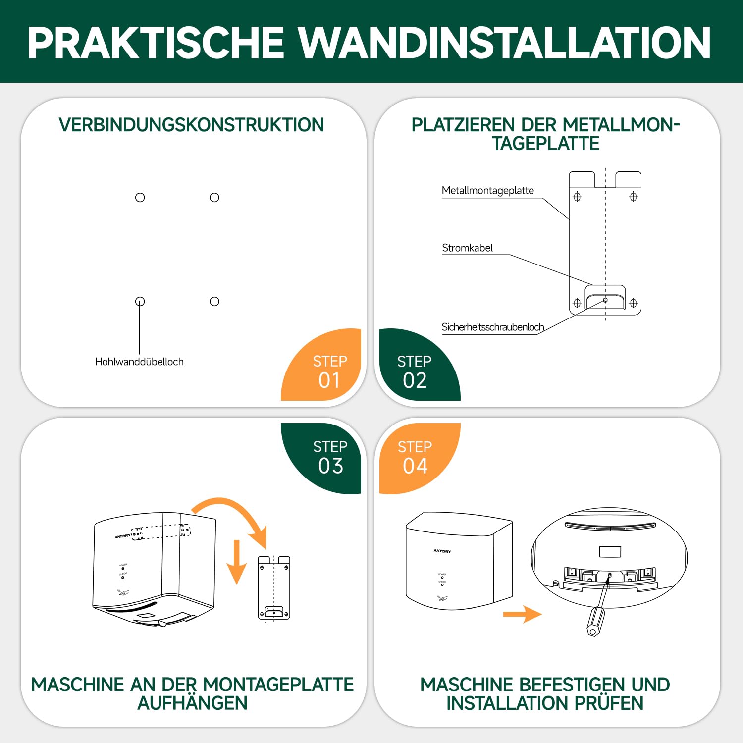 anydry 2630S Kompakter Händetrockner,Automatischer Elektrischer Händetrockner für Wandmontage,Für Gewerbliche oder Private Zwecke,Händetrockner für Toiletten.1400-1650W.(Weiß)