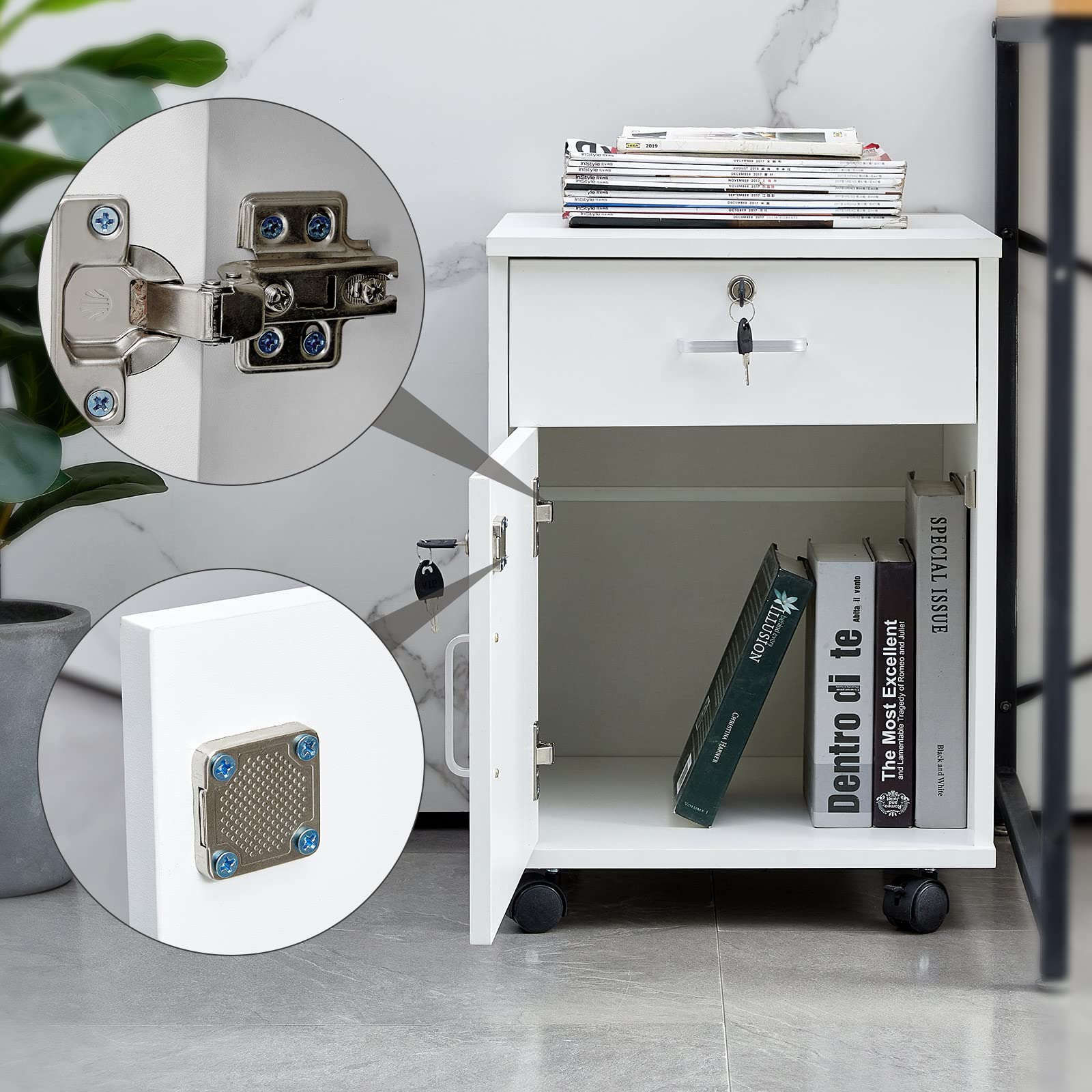 CLIPOP Rollcontainer Abschließbare Aktenschrank Holz mit Schublade und Geschlossenem Speicher,Mobile Unter Schreibtisch Schrank für A4 Papier und Aktenordner,Weiß