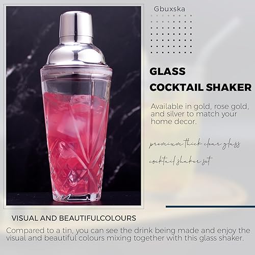 Miniatura 4 de Gbuxska Kit de coctelera de cristal, 14.5 onzas de Martini Mocktail con tapa de acero metálico a prueba de fugas y colador para uso doméstico y