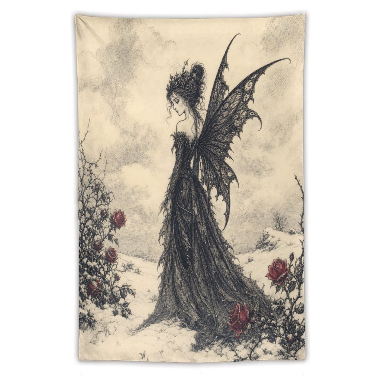 Dark Fairy with Roses Wall Tapestry, Fantasy Illustration, Backdrop