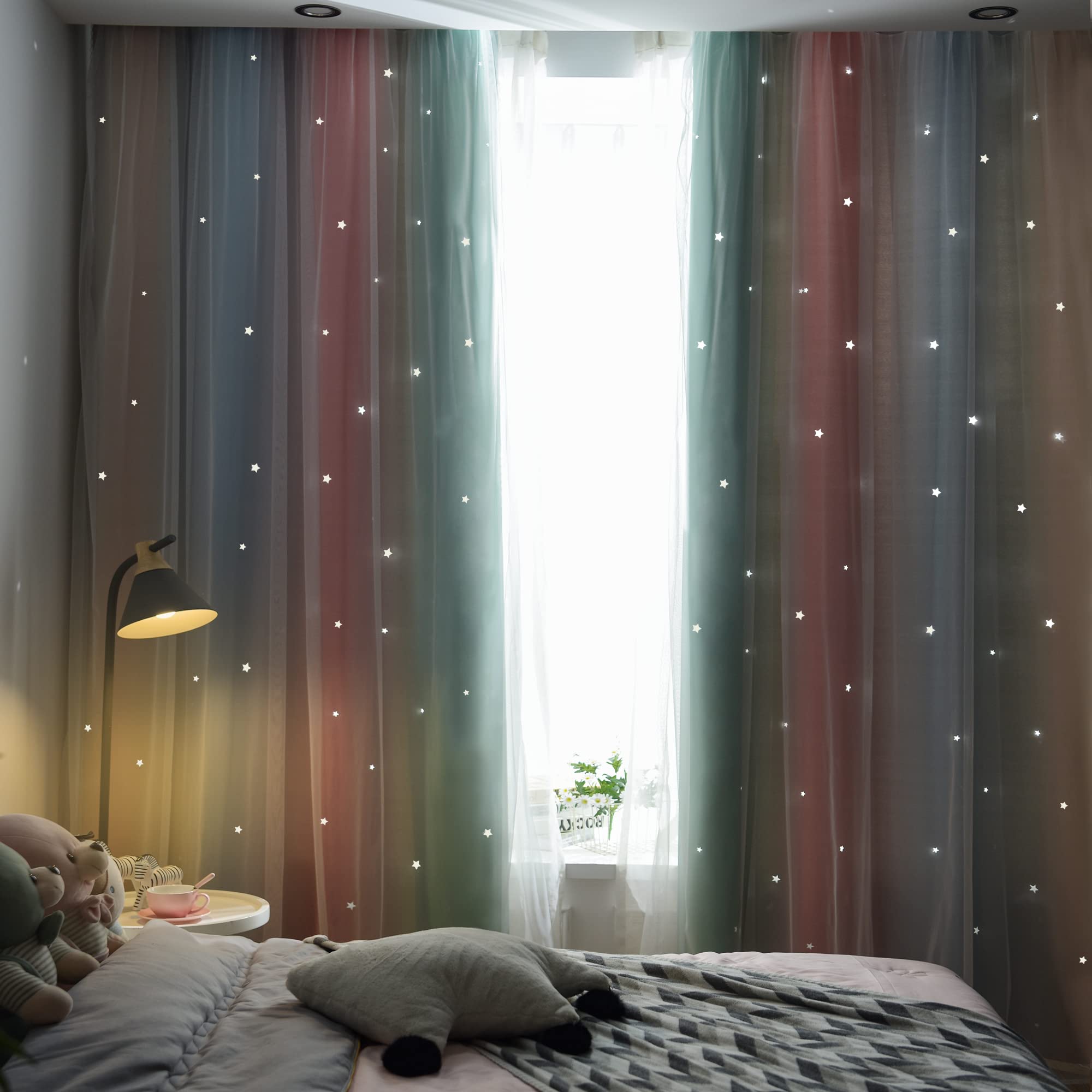 Cortinas de dormitorio infantil con diseño de estrella arcoíris – Cortinas de 2 capas con aislamiento térmico para sala de estar, beige/azul, 52 pulgadas de ancho x 84 pulgadas de largo, 2