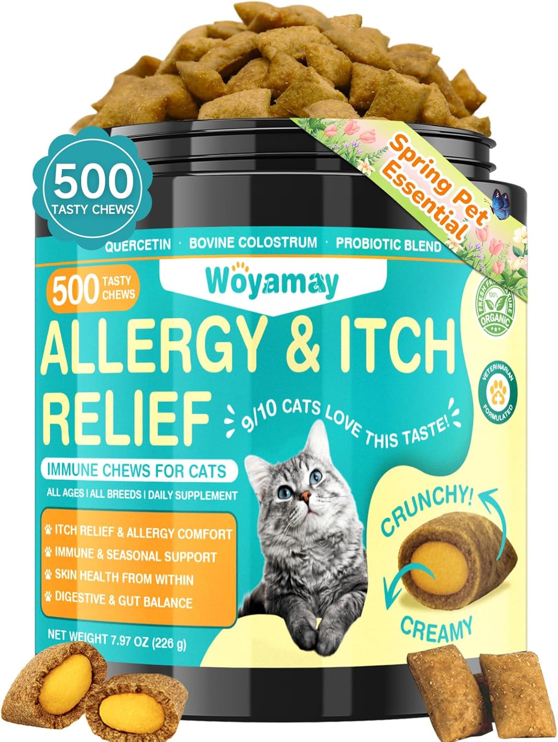 Cat Allergy Relief for Cats, 500 Crunchy & Creamy Anti-Itch and Immunity Chews for Itchy Skin, Paws, Eyes, Ears| Stop Licking & Scratching, Supports Seasonal Itching, Chicken Flavor