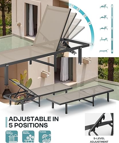 Miniatura 6 de Sillones de piscina, tumbona al aire libre con ruedas y sillón reclinable de 5 posiciones, fácil de mover, silla de aluminio para patio, junto a la