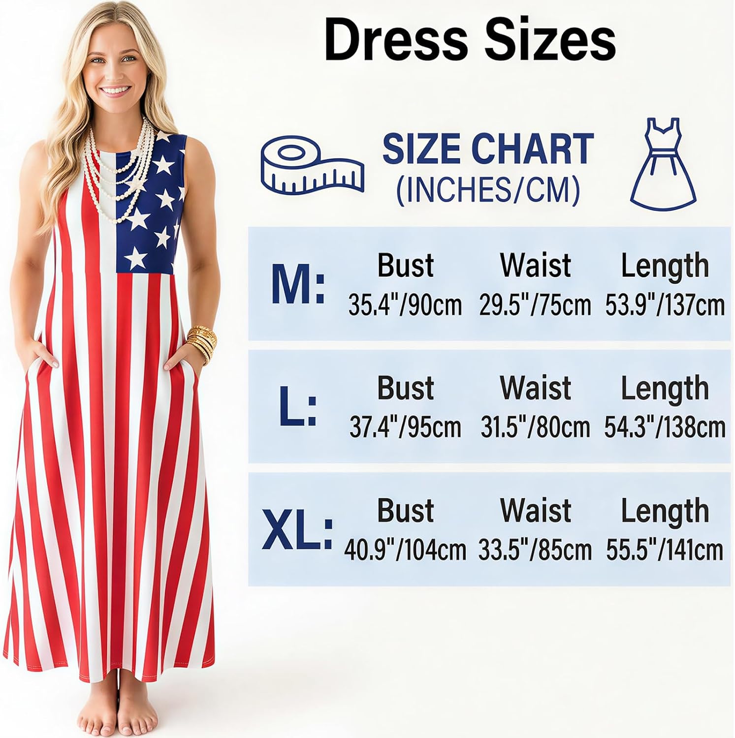 American Flag Dress Women 4th of July Maxi Dress Sleeveless Patriotic Summer Sundress Pocket Casual Breathable Long