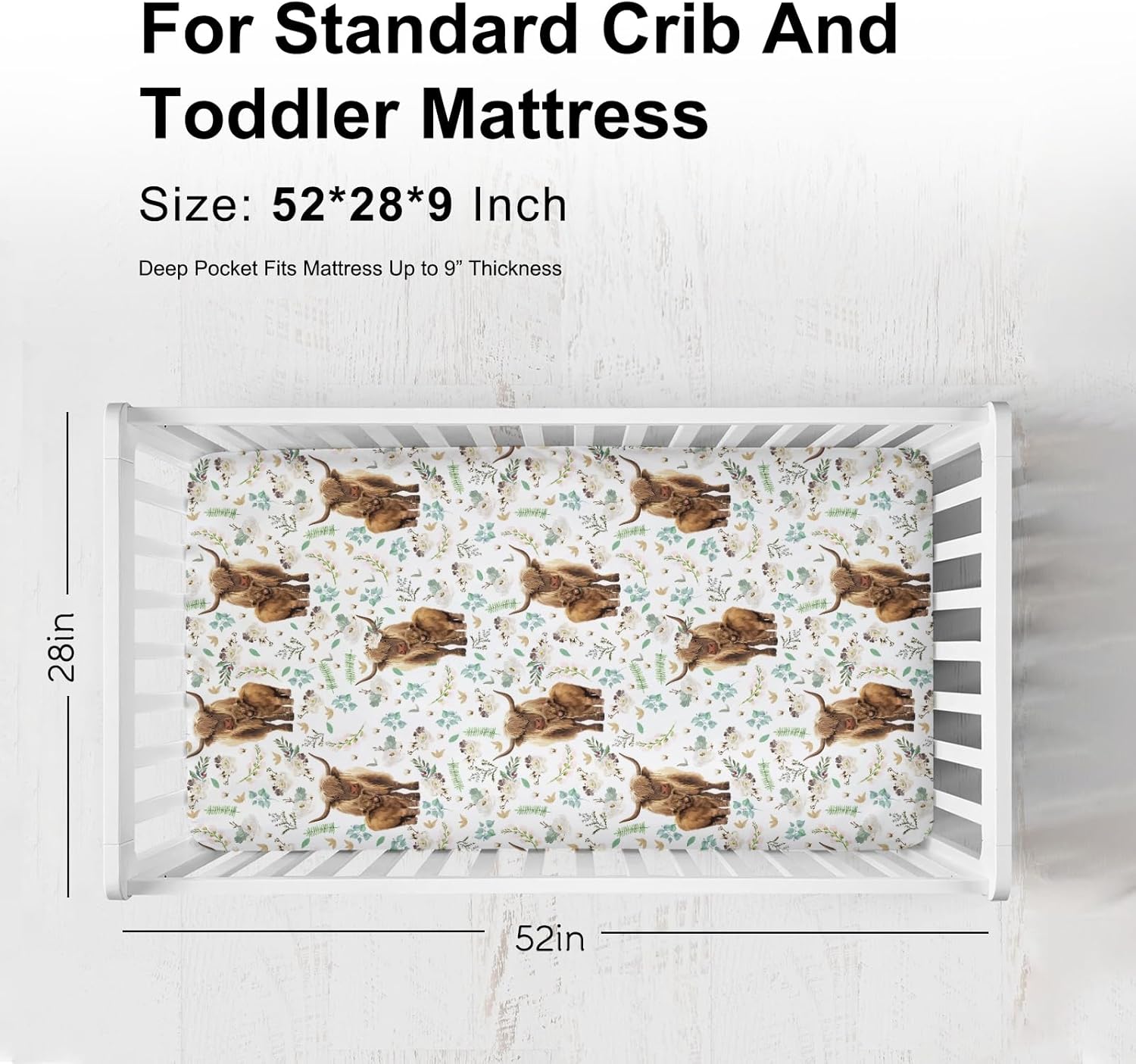 Watercolor Highland Cows Retro Floral Baby Crib Sheets for Boy Girl 52"x28" Highland Yak Boho Flowers Leaves Fitted Crib Mattress Sheet Soft Nursery Baby Sheets for Standard Crib and Toddler Mattress