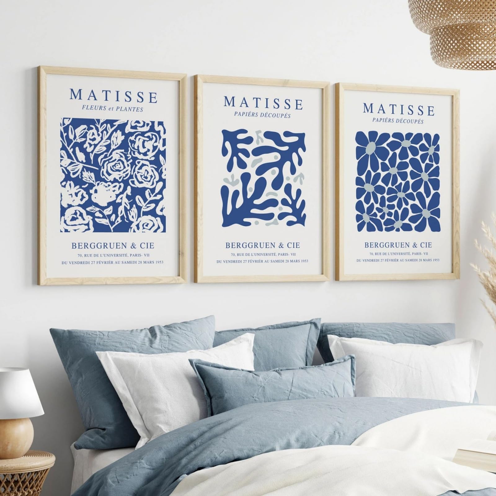 ZBELLO Matisse Poster Set of 3, Modern Abstract, Blue Geometric Flower Posters, Vintage Exhibition Style Living Room/Bedroom Canvas Decorative Artwork, Unframed (40x50cm)