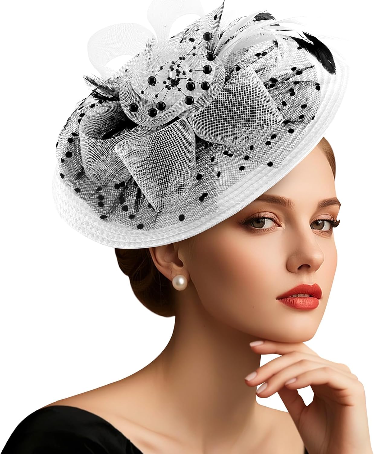 DRESHOW Fascinators Hat Flower Mesh Feathers Hat with a Headband and a Clip 7.9" Tea Party Headwear for Women