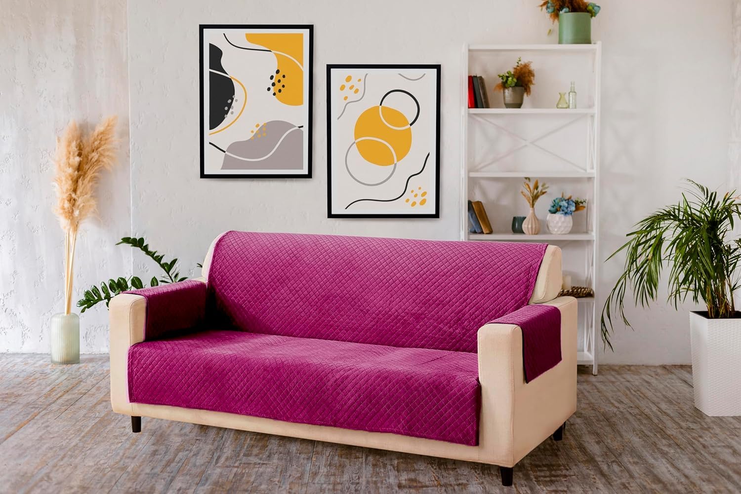 aeTHEric Velvet Quilted Universal Elastic Sofa Cover Non-Slip Sofa Protector 5 Seater(3+2) Armchair Cover with Machine Washable Adjustable Elastic Straps-image-8