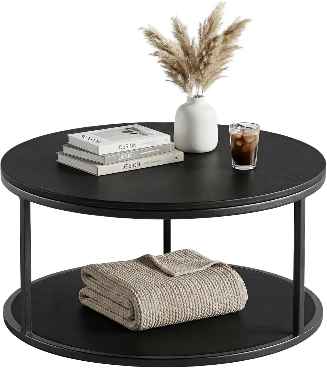 YESHOMY 36" Round Coffee Table, 2-Tier Wood Center Table with Storage Shelf, Heavy-Duty Metal Frame, Easy Assembly, Ideal for Living Room & Small Spaces, Black
