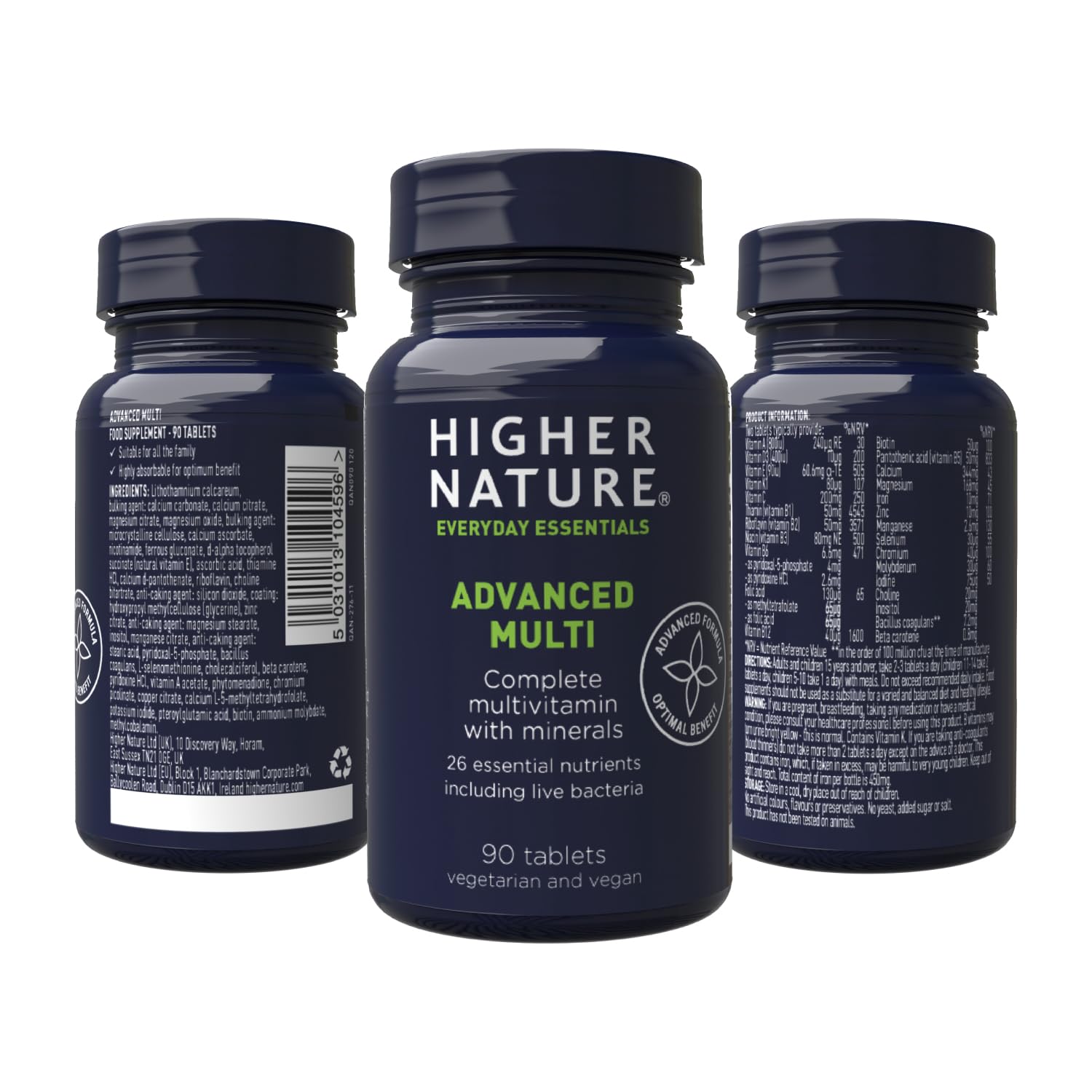 Higher Nature - Advanced Multi - Multi Vitamins Supplements - 26 Essential Vitamins, Minerals & Live Bacteria - Vegan Multivitamin - 90 Tablets