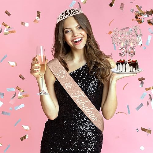 Miniatura 6 de Decoraciones de cumpleaños de 30 años para ella banda, coronatiara, velas y adorno para pastel de cumpleaños de 30 años regalos y decoraciones para