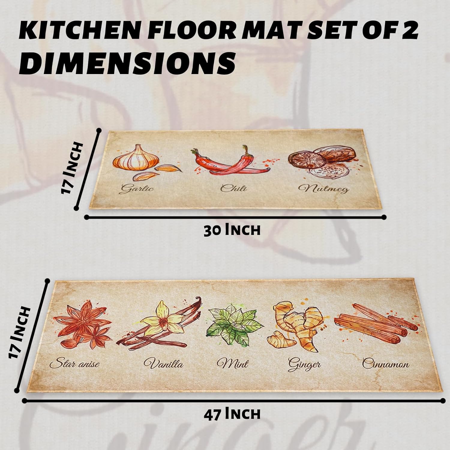 Watercolor Spices Kitchen Mats for Floor Set of 2, Floor Mat Carpet Runner Area Rug Washable, Home Kitchen Decor and Accessories Stuff, 17x30 and 17x47 Inch