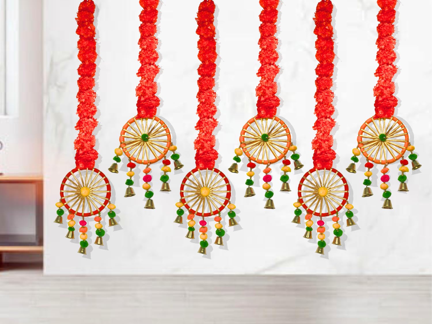 DRYPHON Artificial Marigold Flowers with Pom Pom Ring Bell Hanging Garlands for Home, Diwali & Wedding Decoration (Pack of 6)