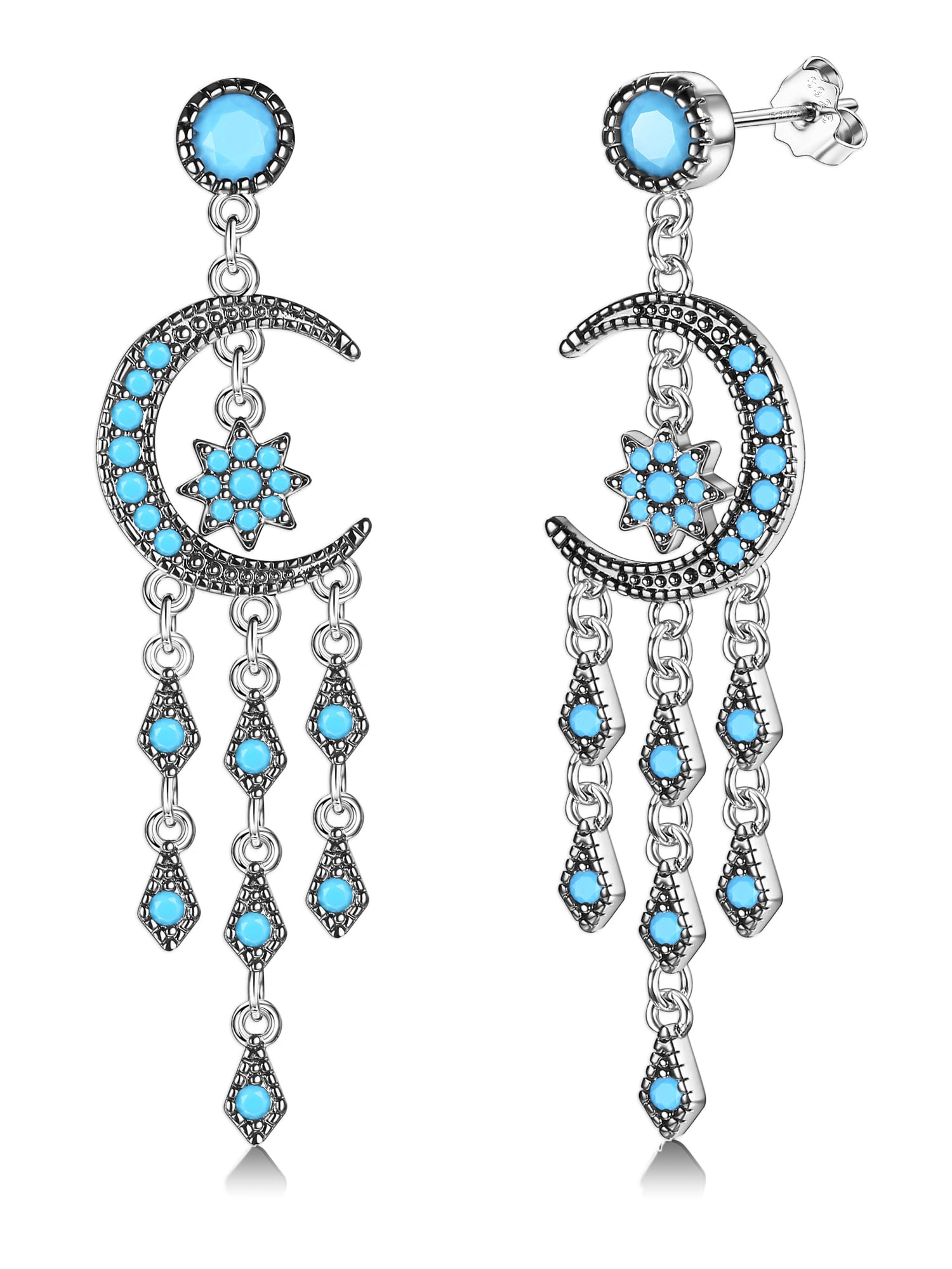 MILACOLATO Pendientes Colgantes Para Mujer Plata De Ley 925 Zirconia Luna y Estrella Aros Colgantes Hipoalergénicos, Delicada Cadena Larga Luna Estrella Aretes Pendientes Bisuteria Regalo De Joyería