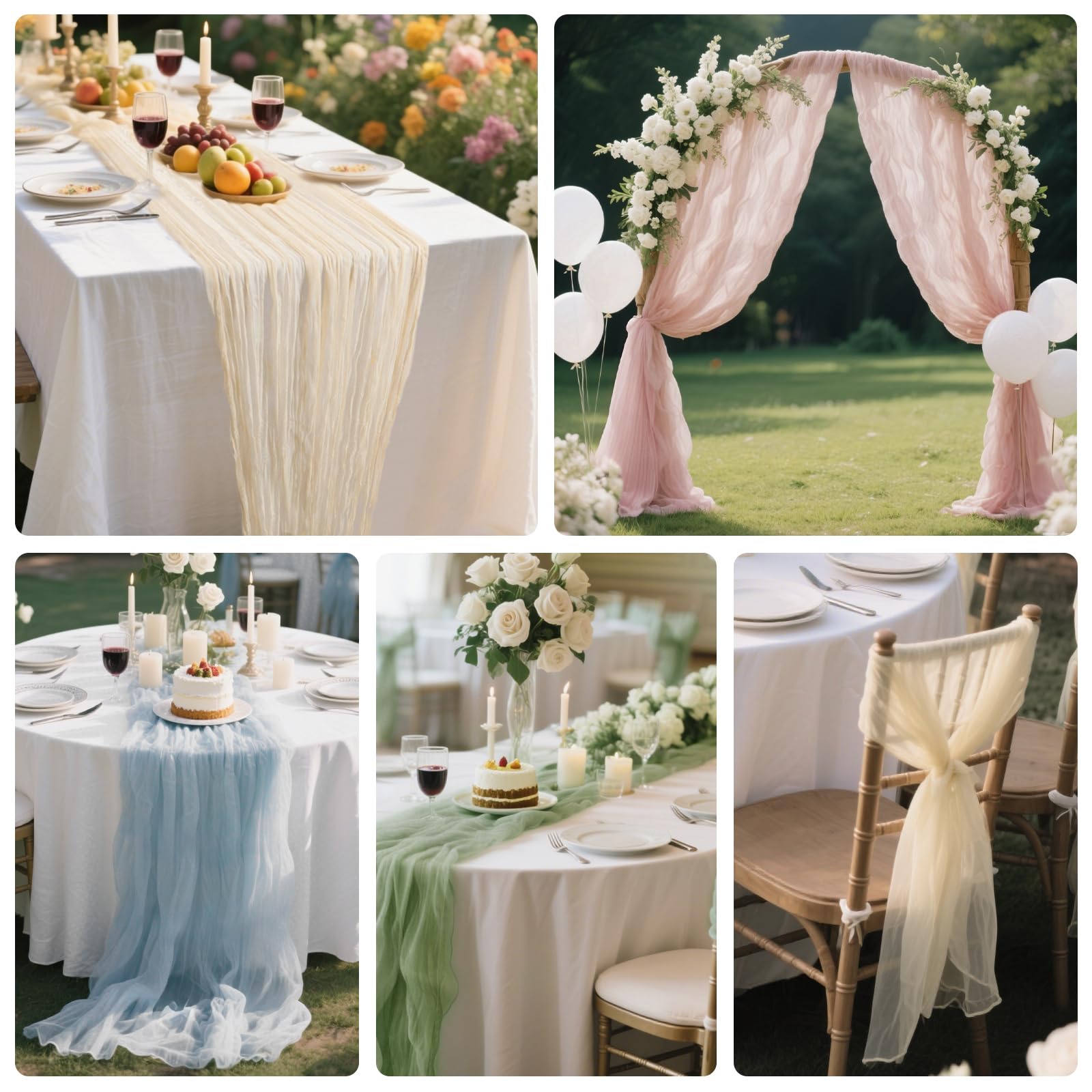 NESCCI 2-Pack Sage Green Cheesecloth Table Runners - 35x120" Boho Rustic Decor For Weddings, Parties, Home