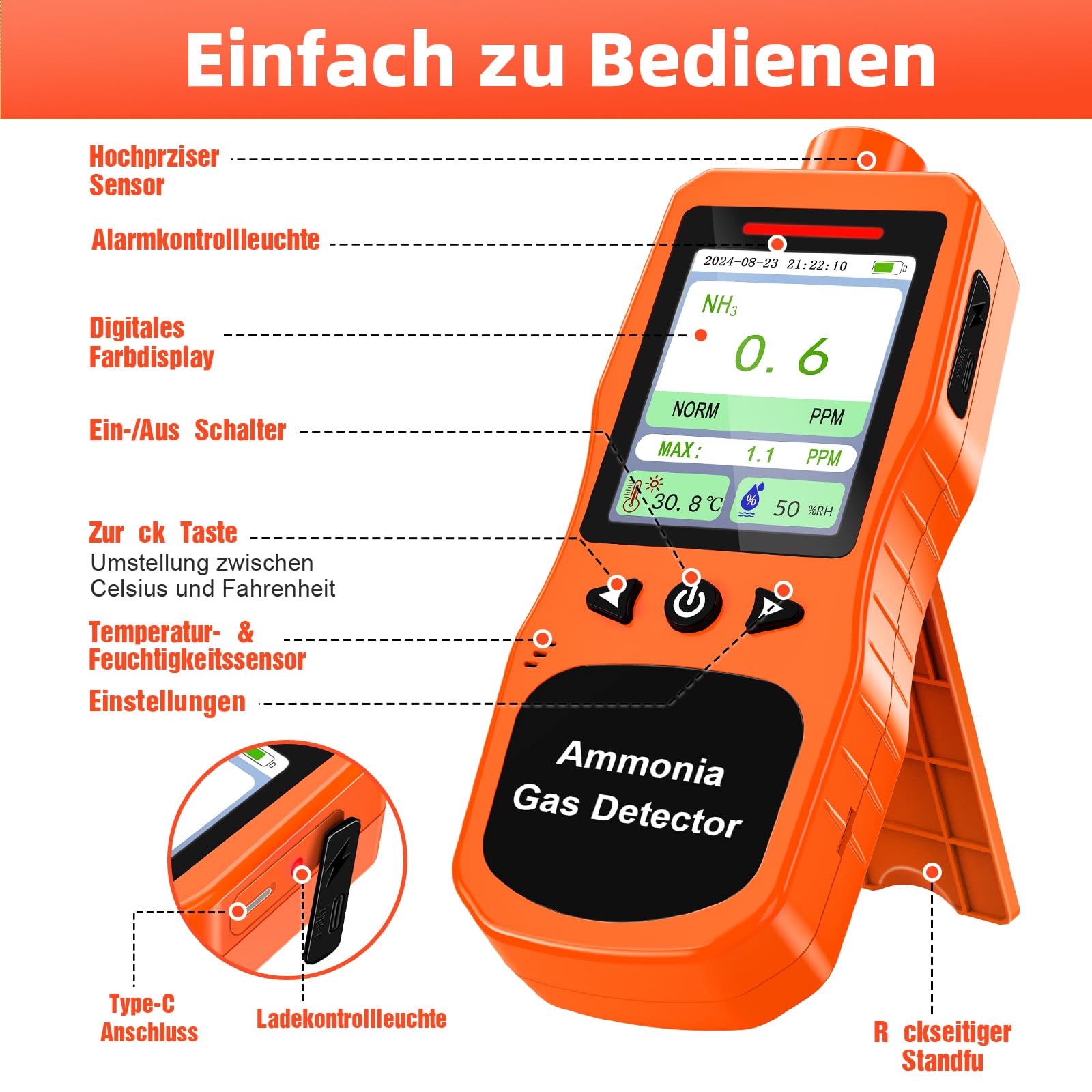 Tragbarer Ammoniak Gasmelder, 0-200 PPM Wiederaufladbarer Ammoniak Detektor, Digitales NH3 Luftqualitätsmessgerät mit Temperatur Feuchtigkeitstester für Stall, Geflügel, Schweine, Vieh, Orange