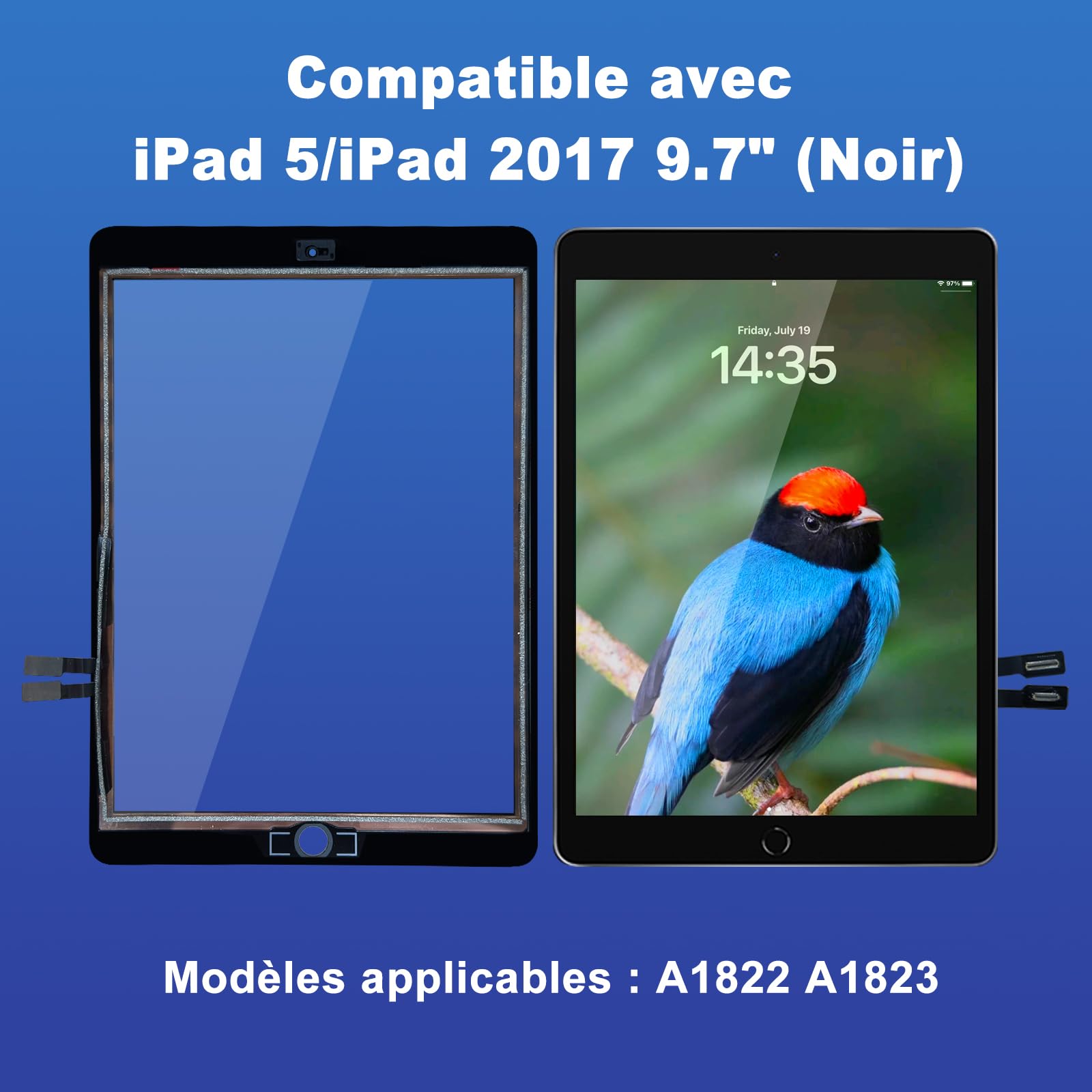 NB+ Écran Tactile pour iPad 5ème Génération 9.7” Écran de Remplacement 2017 Digitizer Adhésif Pré-installé,No Home Button(modèle:A1822 A1823 (Noir)