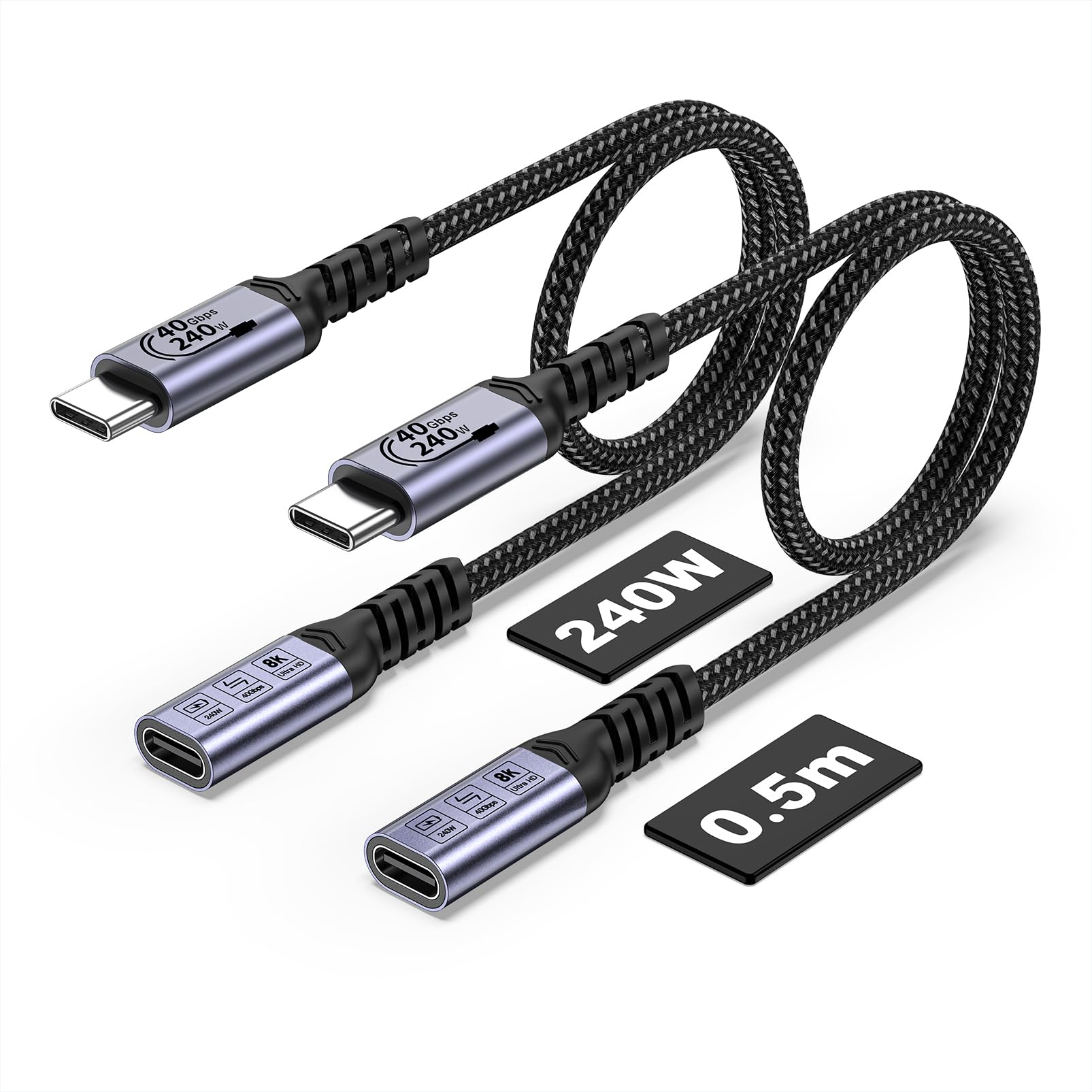 Photo 1 of USB C Extension Cable 1.5FT (2 packs/240W/40Gbps/8K), Short USB 4.0 Extender Cable, 40Gbps High Speed Data Transfer Male to Female, 8K Video Display Compatible for MacBook Air M2 Pro/iPad/Magsafe/Hub