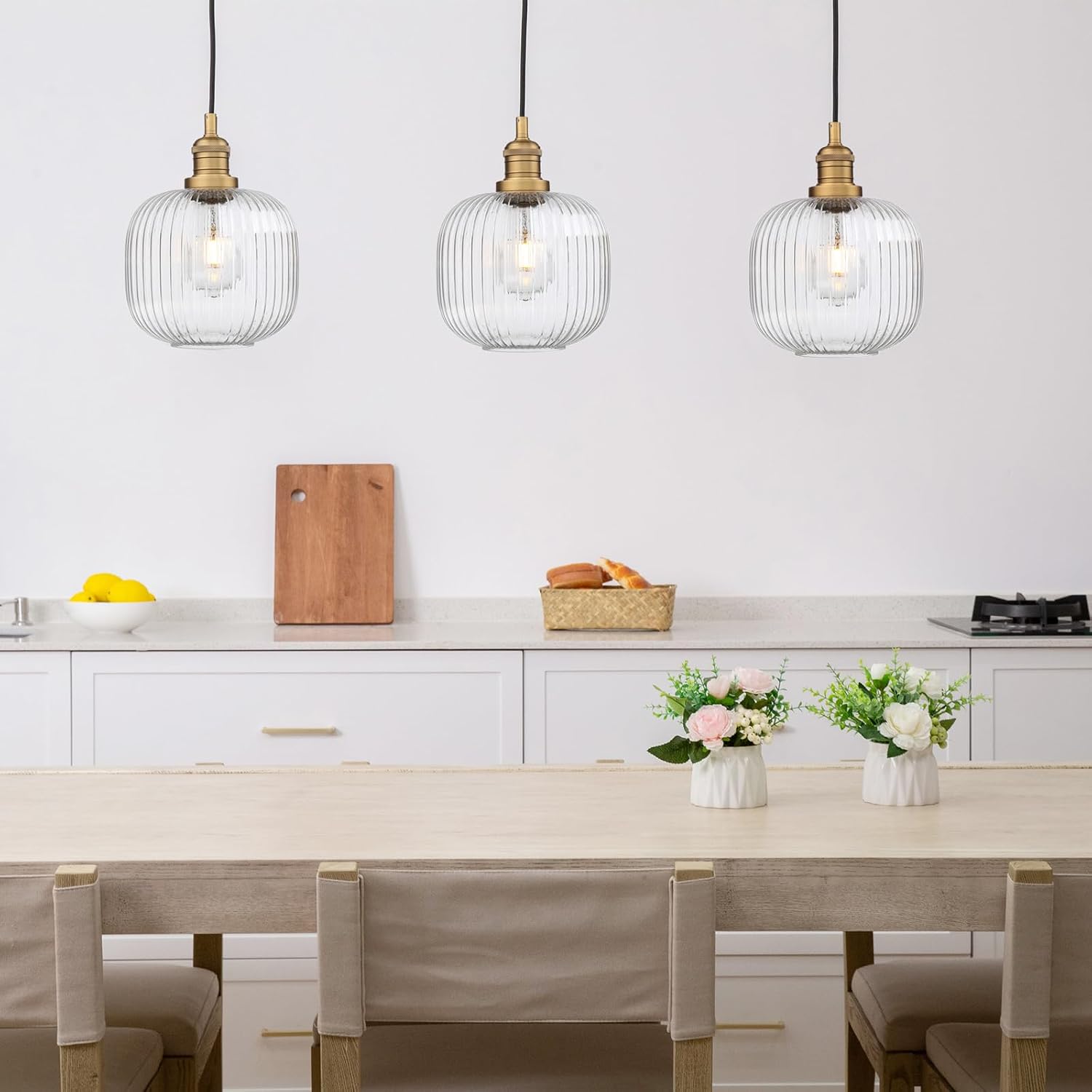 Pathson Modern Pendant Light Fixture Striped Globe Glass, Adjustable Textile Cord Hanging Lighting, Hardwired Pendant Lamp Decor for Dining Room Hotels Living Room Bedroom Kitchen