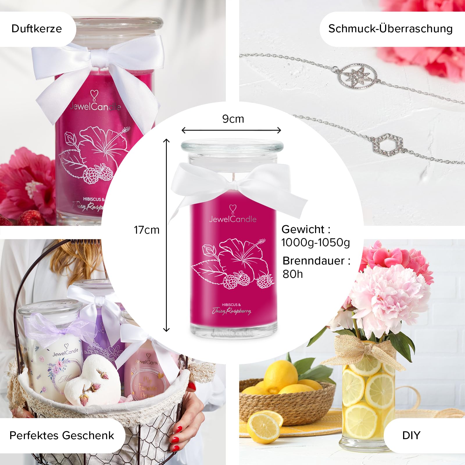 JuwelKerze Hibiscus & Juicy Raspberry Armband Silber - Schmuckkerze 80 Std - große Duftkerze mit Fruchtigem Duft - rosa Kerze mit Schmuck Überraschung - Geschenke für Frauen, Geburtstag
