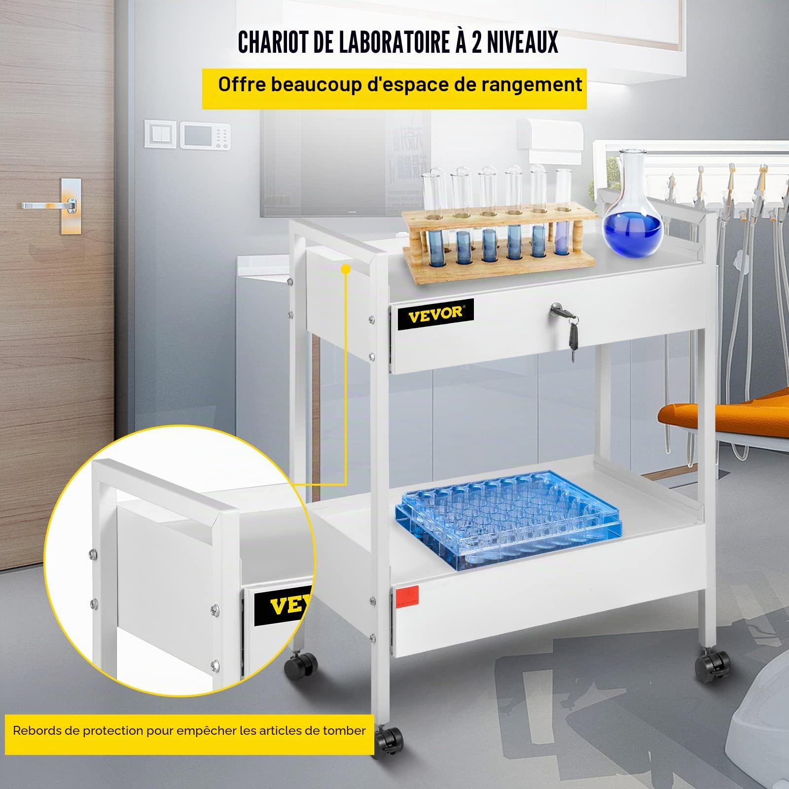VEVOR Chariot de Laboratoire 2 Niveaux, Chariot Médical en Acier Inoxydable, Chariot de Service Grande Capacité de Charge 100 kg, avec 2 Tiroirs, pour Laboratoire Salon Hôpital, Usage Dentaire, Blanc