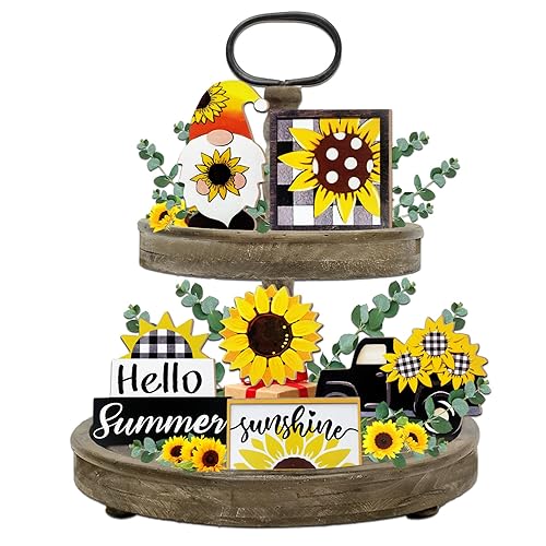 Guoofu Summer Tiered Tray Decor, Farmhouse Sunflower Tray Decorations, Hello Spring Summer Sunflower Gnome Sunshine Truck Wooden Signs, Buffalo Plaid Rustic Home Decor for Table Mantel Office Party - Sunflower