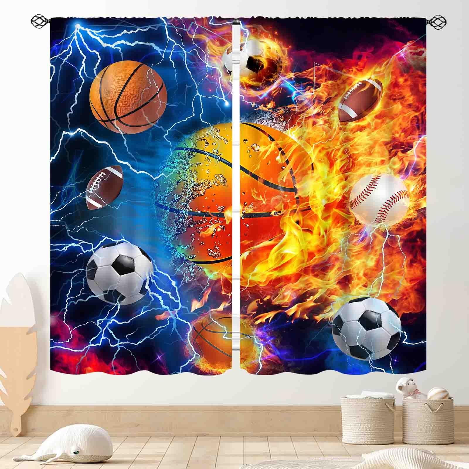 Basketball Curtains for Boys Bedroom, Sports Ball Soccer Baseball Football Game Fire Flash Gaming Blackout Blue Window Drapery for Kids Teens Room Living Room Playroom Nursery 2 Panels, 84"x63" Inch