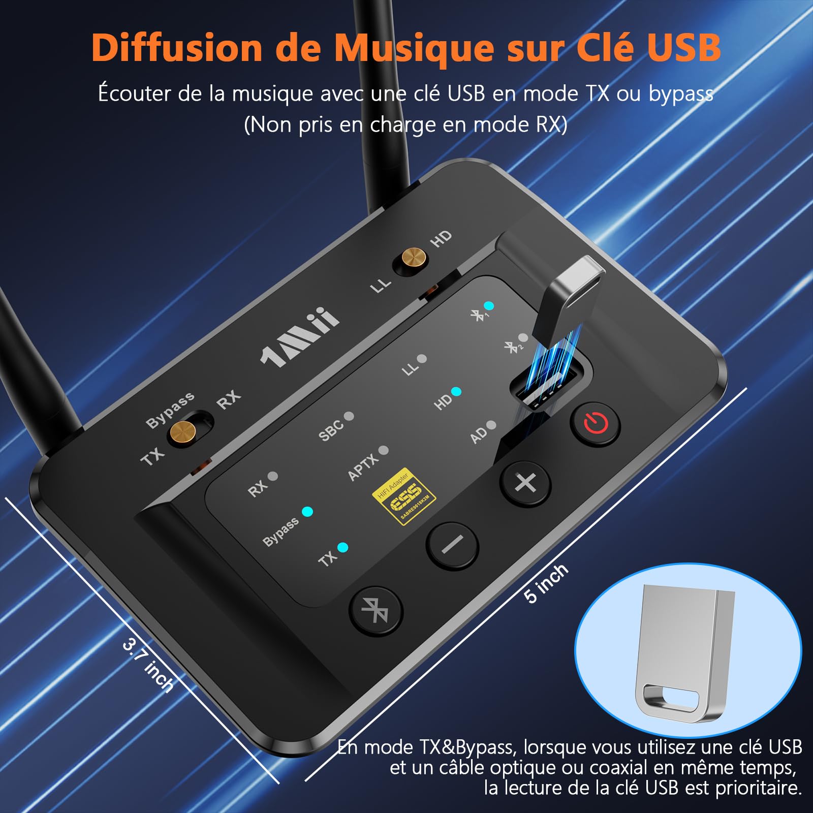 1Mii B03S Transmetteur Récepteur Bluetooth 5.3 avec DAC Audiophile, Émetteur Audio Bluetooth pour TV/Casque/Chaîne Stéréo HiFi, aptX AD/LL/HD, Clé USB Musique, Longue Portée, RCA Optiques AUX