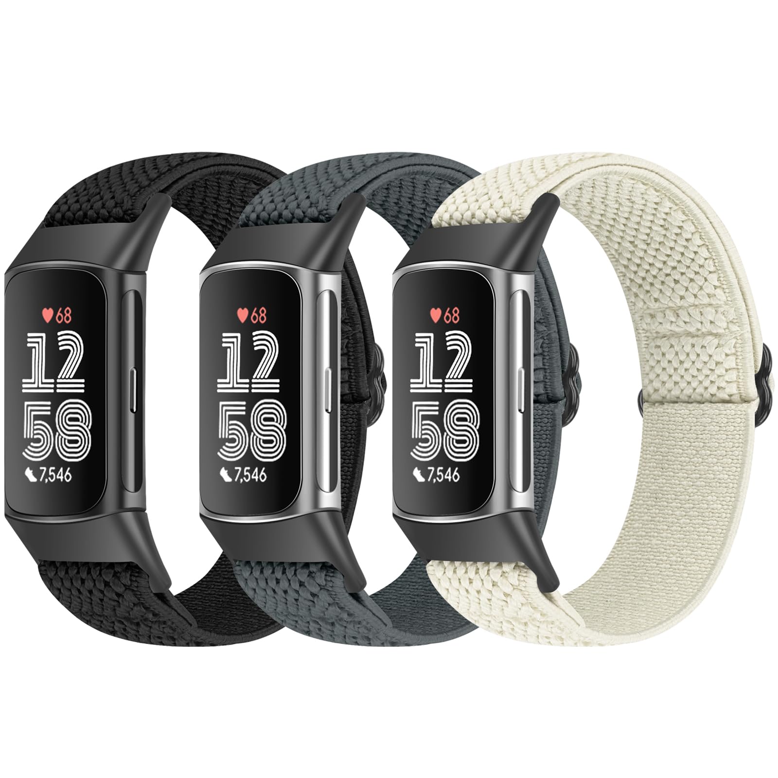 Bcuckood 3 Stück Elastisches Armband Kompatibel mit Fitbit Charge 6/Charge 5 für Damen Herren, Verstellbares Nylon Sportschlaufe atmungsaktives Ersatzarmband