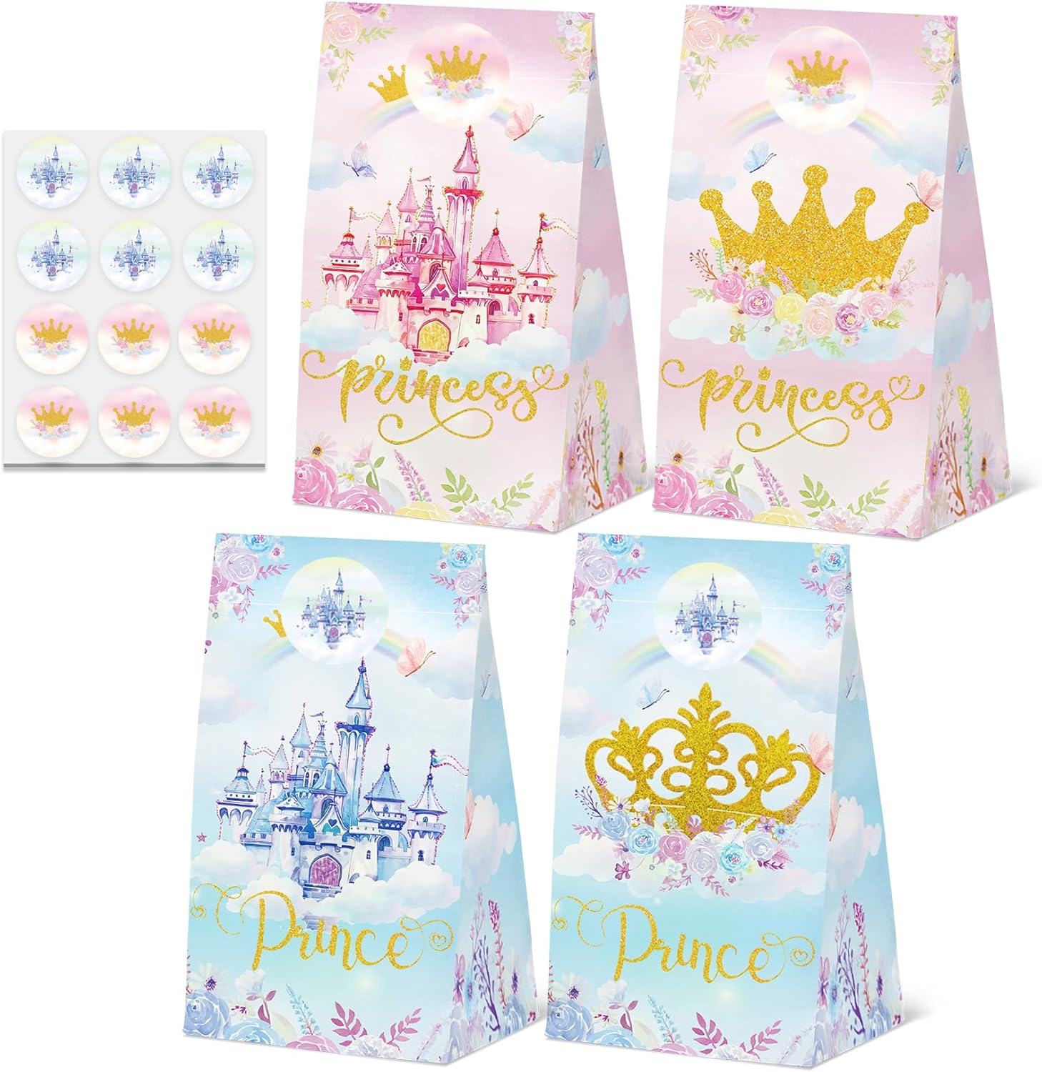 24 Pcs Princess Prince Party Gift Bags with Stickers,Castle Themed Birthday Party Favor Bags for Princess Prince Party,Gender Reveal & Wedding Decorations Supplies