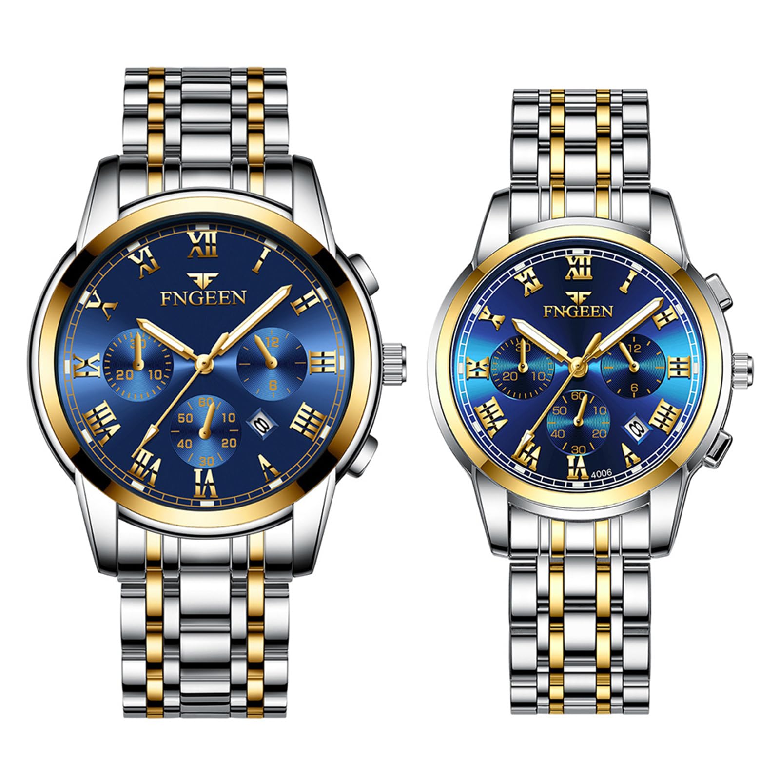 JewelryWe Reloj de vestir de acero inoxidable: reloj de pulsera para hombre y mujer, tono dorado y plateado, luminoso, analógico, de cuarzo, resistente al agua, reloj de pulsera a juego para parejas