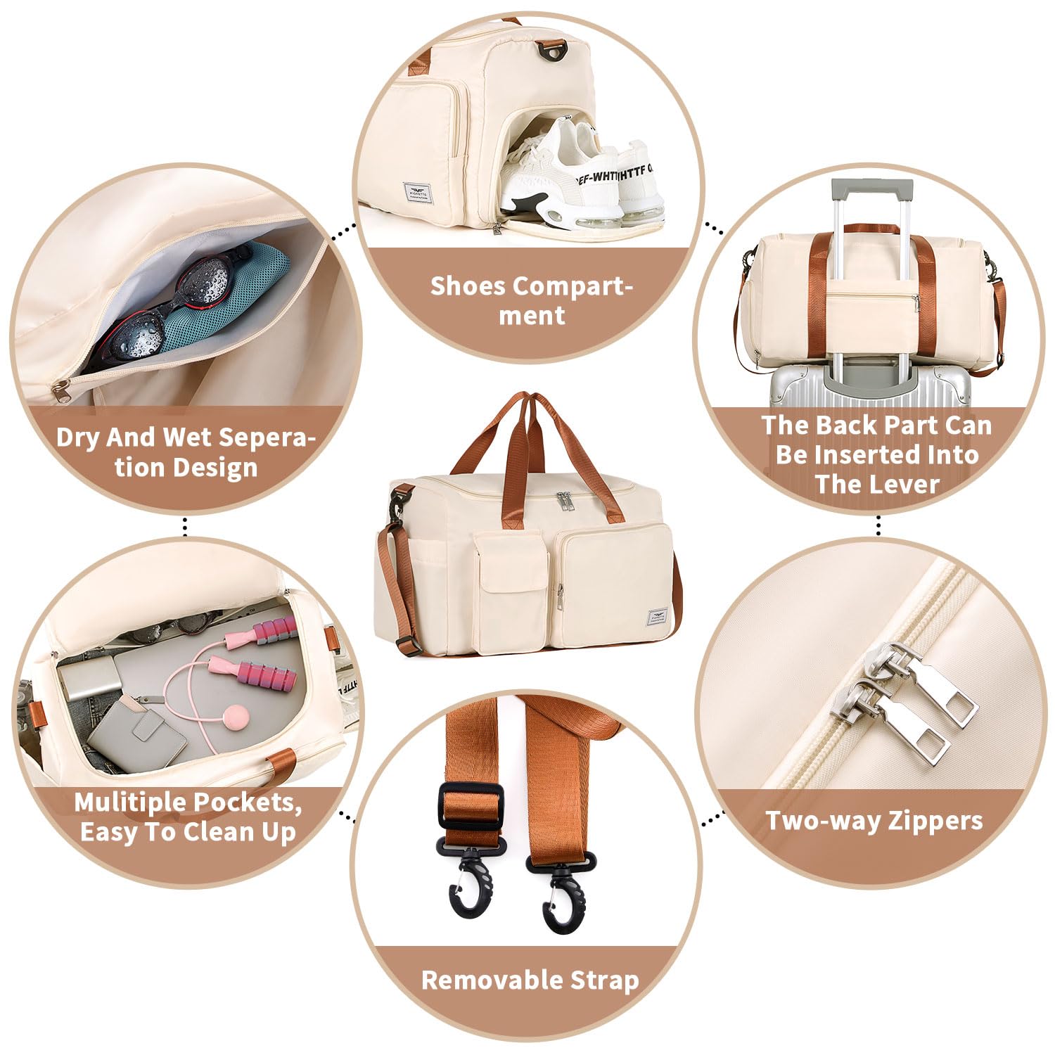 Borsone Palestra Borsone da Palestra Sportivo da Donna e Uomo con Scomparto per Scarpe, Borsone da Viaggio per il Fine Settimana, Borsone da Notte per Donna Marrone Beige