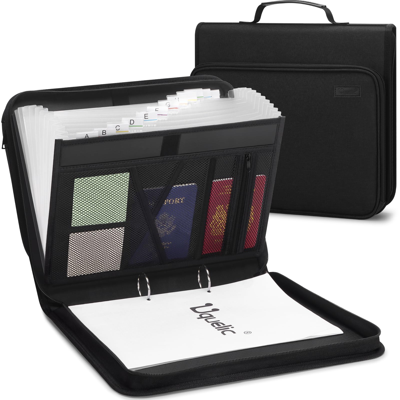 Uquelic A4 Document Organiser Ring Binder, Expanding File Folder with 13 Pockets, Handle, Labels