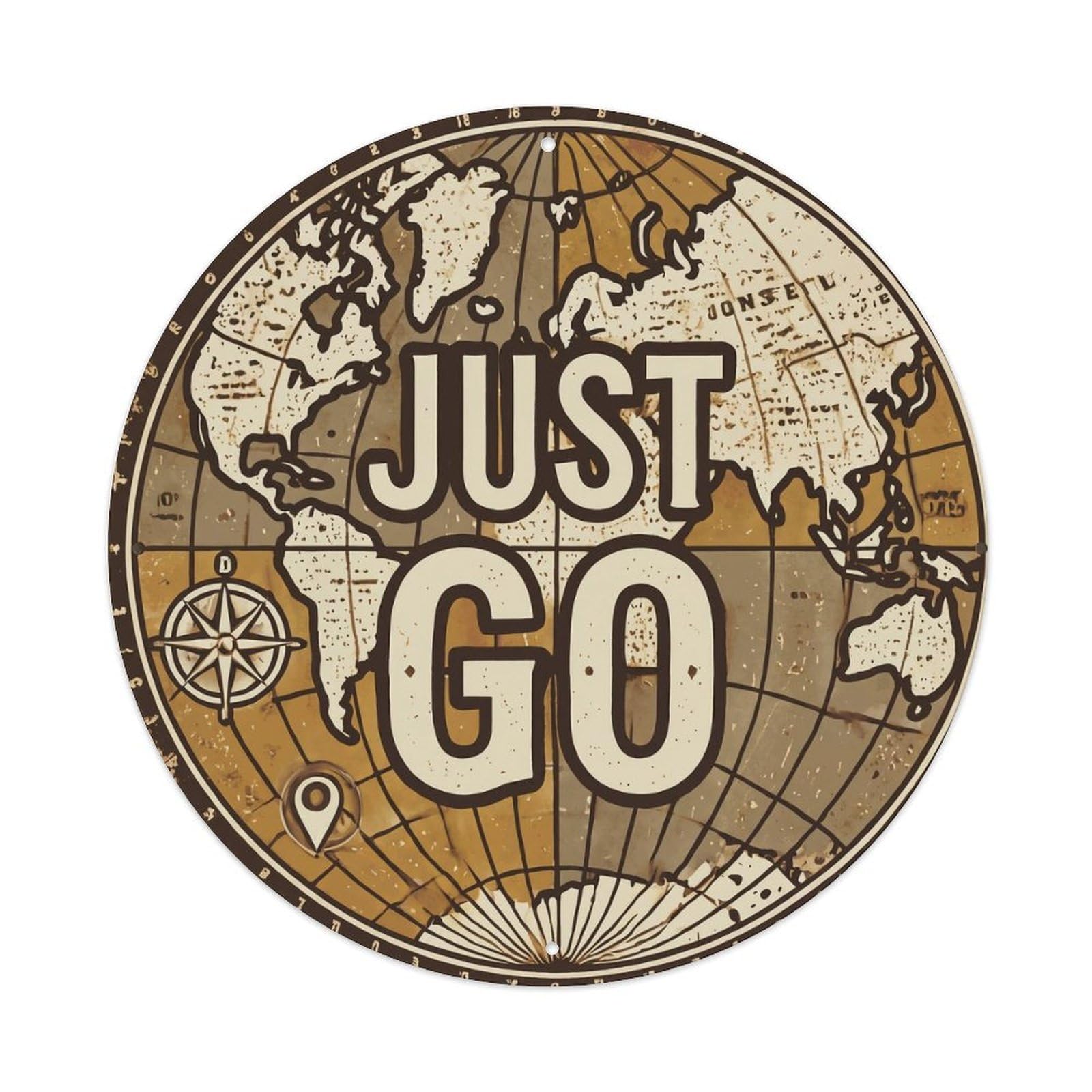 Vintage World Map with Compass Just Go Hemisphere Metal Tin Sign