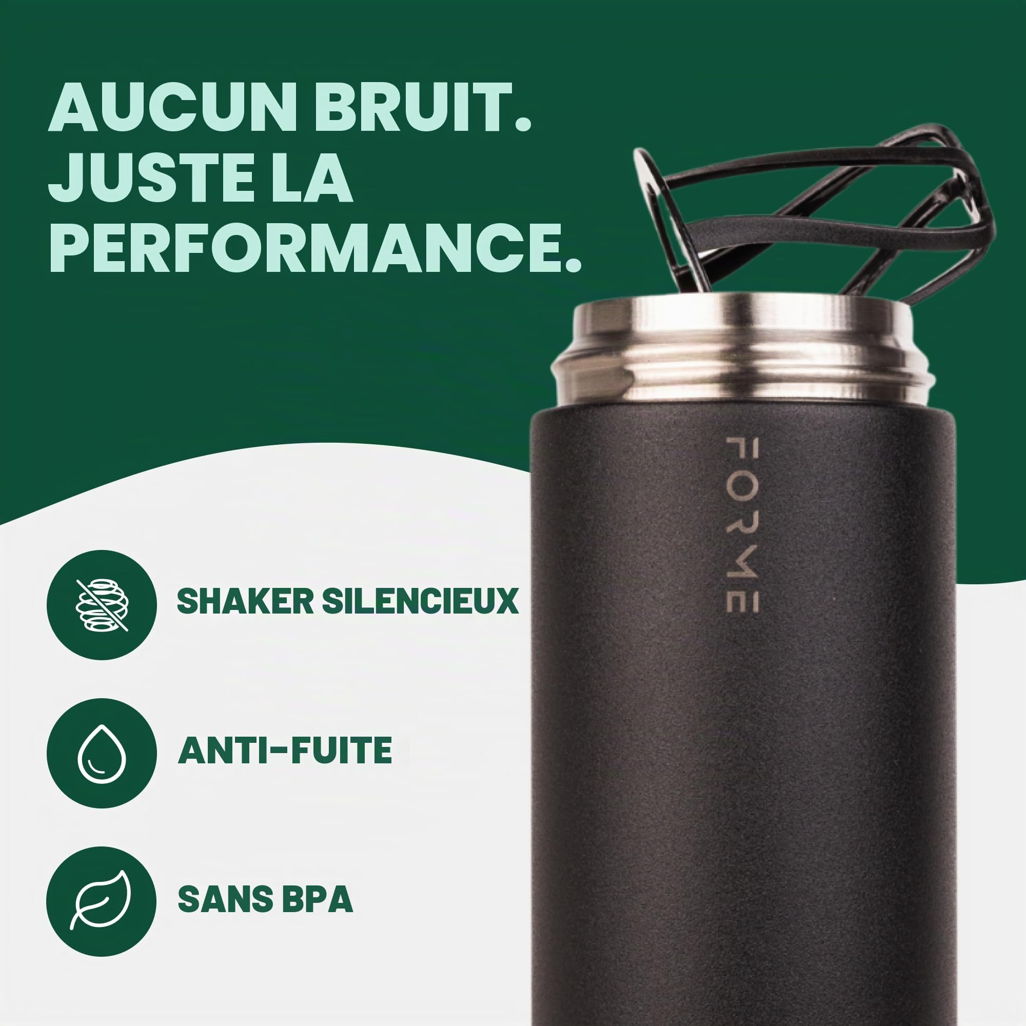 FORME - Bouteille shaker blender, étanche à double isolation en acier inoxydable, bouteille shaker silencieuse pour boissons chaudes et froides avec stockage de suppléments, idéale pour les protéines
