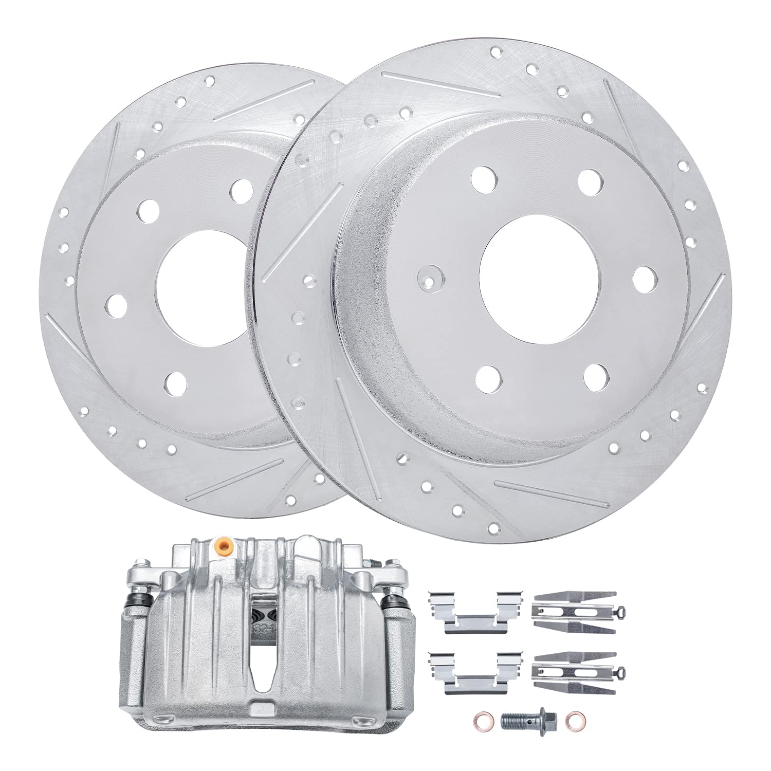 Detroit Axle - Rear Drilled Rotors + Left Brake Caliper Replacement