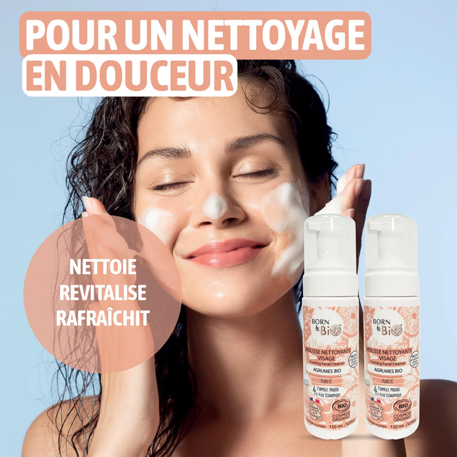 BORN TO BIO Mousse Nettoyante Visage Bio pour Peaux Grasses: Pureté - Lot de 2 x 150ml: Agrumes - Nettoyage Doux et Efficace - Texture Ultra Légère - Certifiée Bio