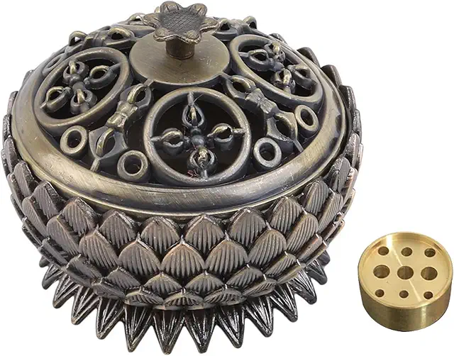 Brûleur d'encens en alliage de zinc avec support pour bâtons et charbon - Décoration maison et bureau