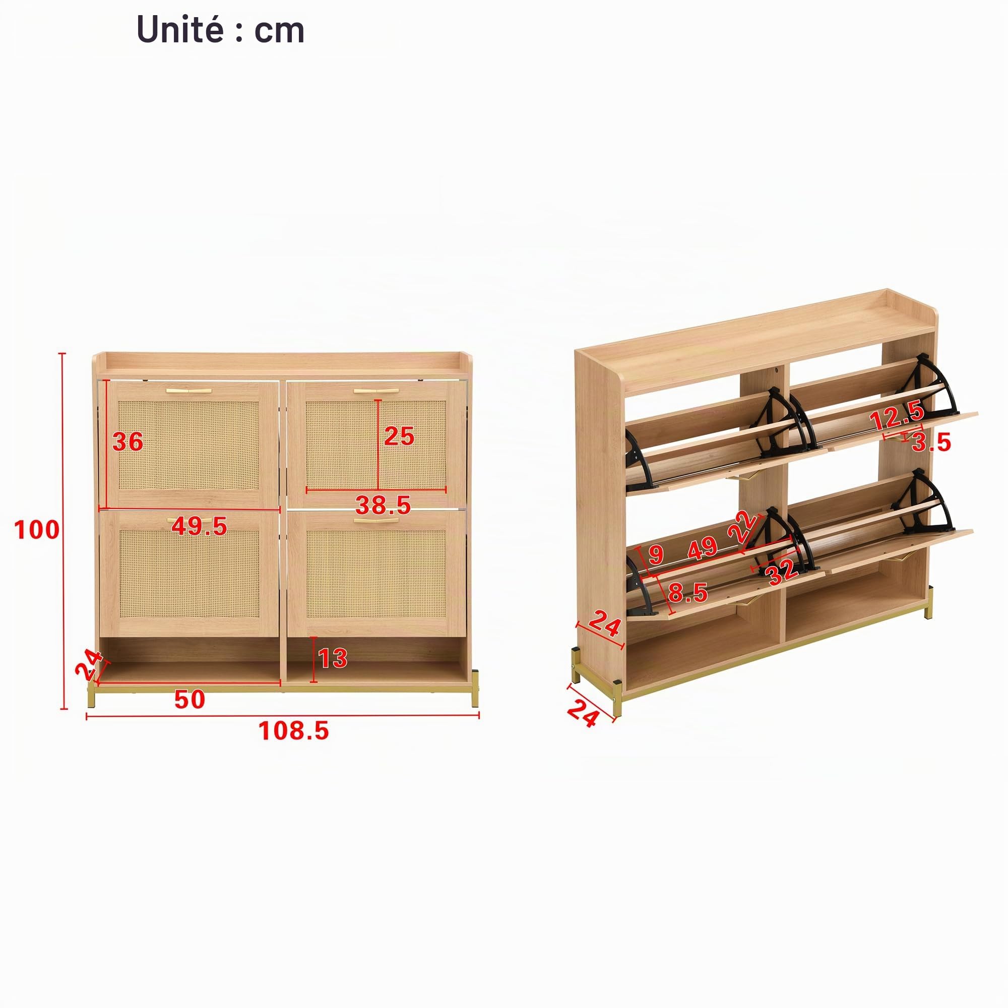 BTM Meuble à Chaussures Élégant en Bois avec Portes en Rattan – 4 Portes, Cadre en Métal et Étagère Supérieure pour Rangement Élégant et Clair