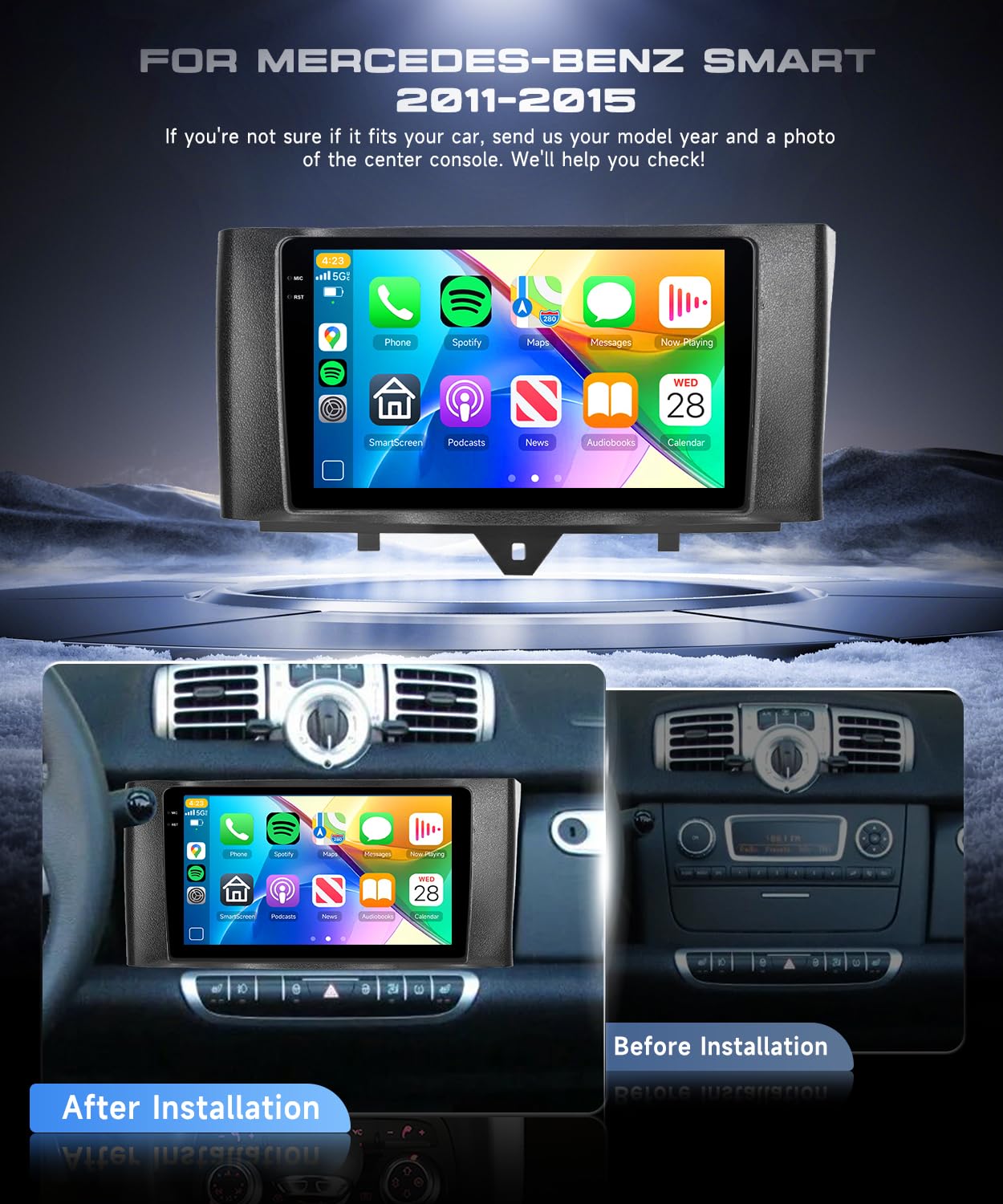 VECHTEL Radio samochodowe 4G+64G Android 15 dla Mercedes-Benz Smart 2011-2015, ekran dotykowy 9'' In-Cell HD z bezprzewodowym systemem Android Carplay, automatyczne radio, wsparcie GPS Wi-Fi USB