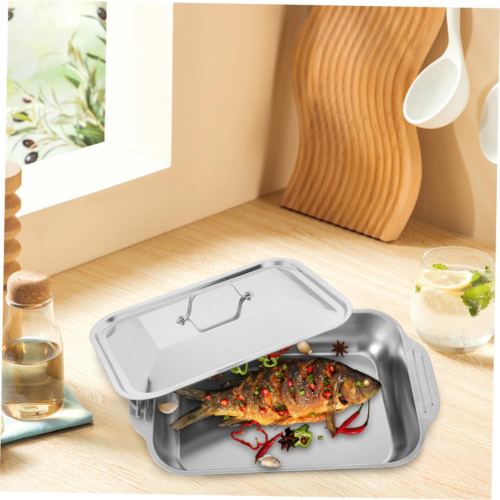 Asar y Hornear Bandeja Rectangular de Acero Inoxidable con Diseño Profundo y Resistente Pescado y Carnes para Uso en Parrilla y Horno