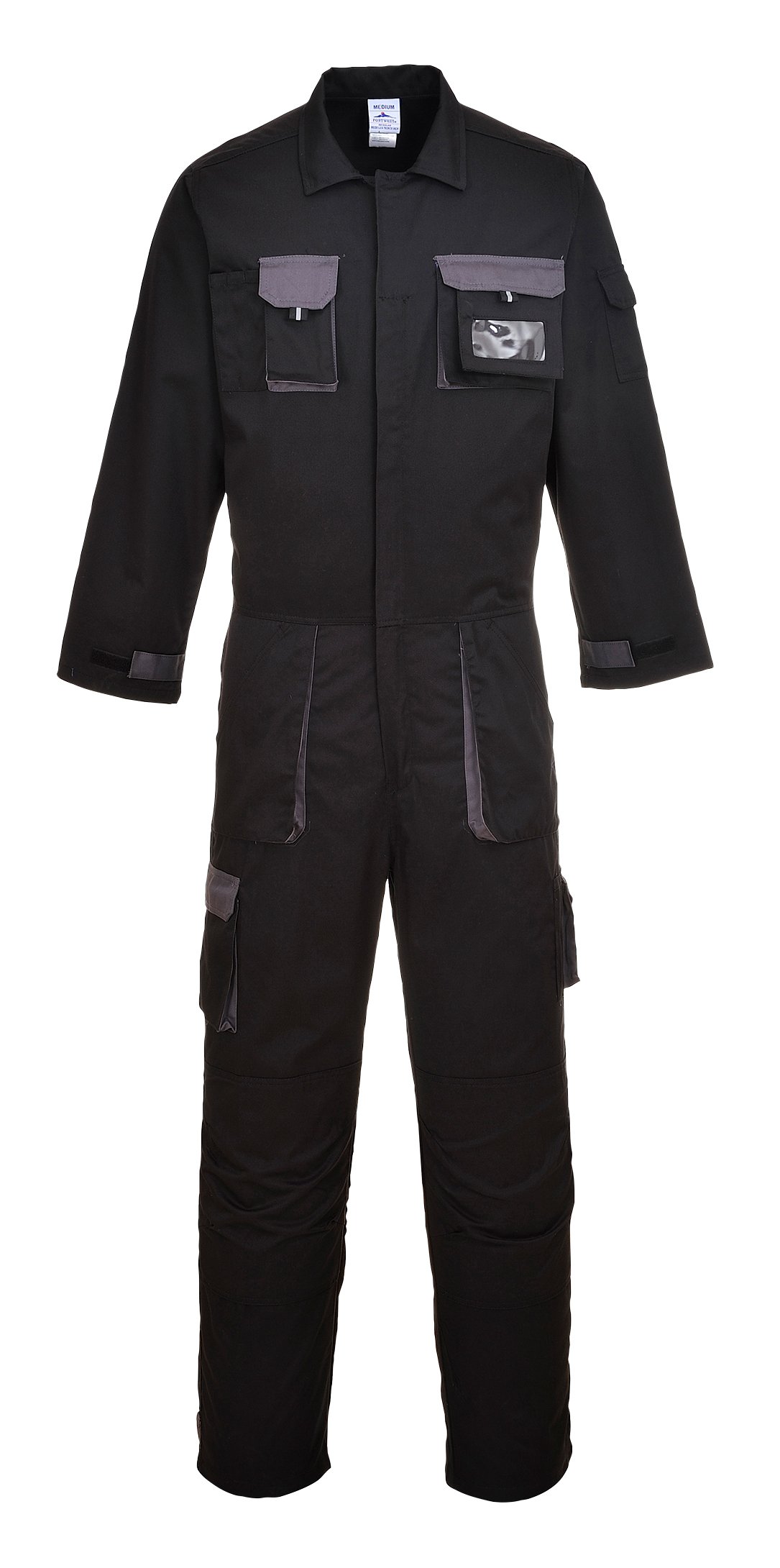 Portwest TX15 Men's Texo Contrast Coveralls Durable Cotton Protective Work Overalls Workwear Knee Pad Pockets Two-Way Zip Elastic Waist Boiler Suit for Mechanics Warehouse Garages DIY, Black, S