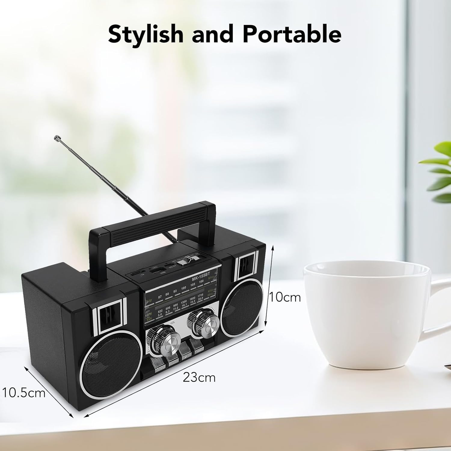 Portable Radio with Bluetooth Speaker, AM FM SW Digital Radio Recorder, Built in Rechargeable Battery, Dual 5W Drivers, Support TF Card & USB Playing, for Home, Outdoor (Black)