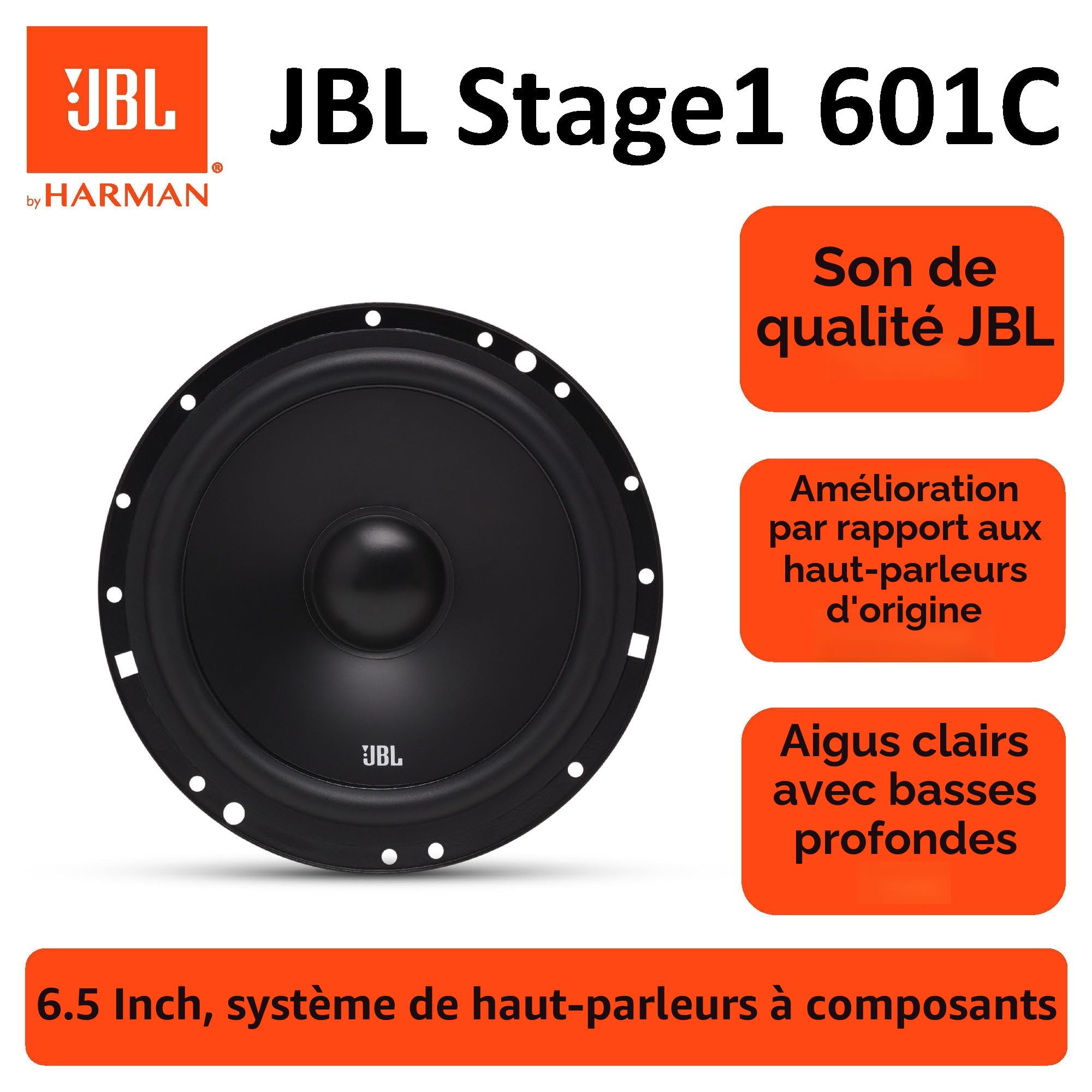 JBL Stage1 601C Système car audio enceinte voiture à 2 voies - Ensemble d' haut parleur composants de 200 watts de16 - 17 cm et d'aigus encastrable, Black