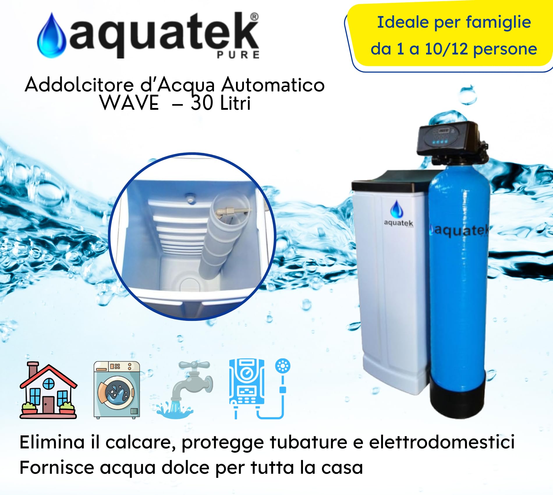 Aquatek - Addolcitore Acqua Automatico Pure Wave 30 Litri a Volume e Tempo con Resine Cationiche Resincore Valvola Elettronica F69 By-Pass Durezza Regolabile Certificato