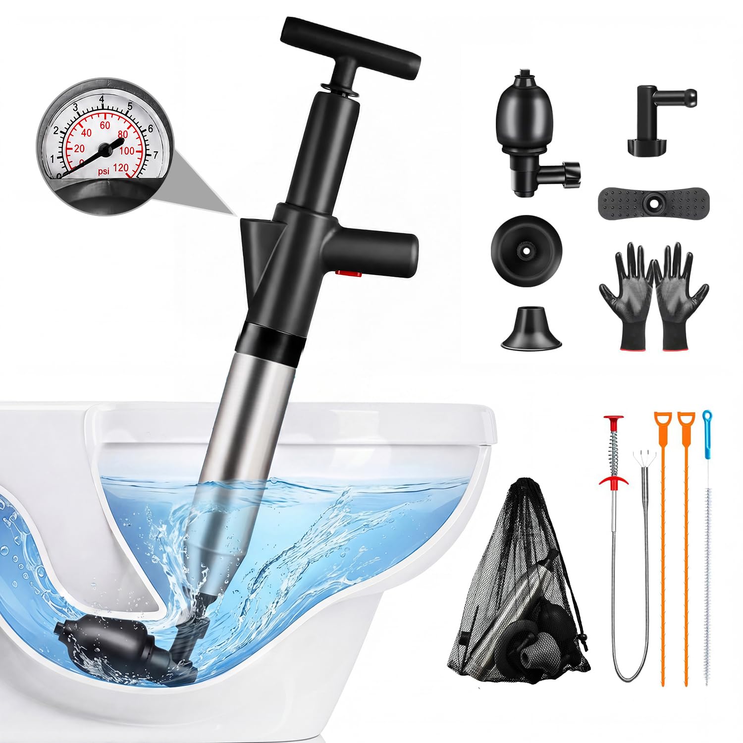 Desatascador de inodoro de alta presión rápida con barómetro, herramienta de desatasco y desatascador de drenaje de aire resistente para baño, inodoros, fregaderos, bañeras, tuberías, kit de