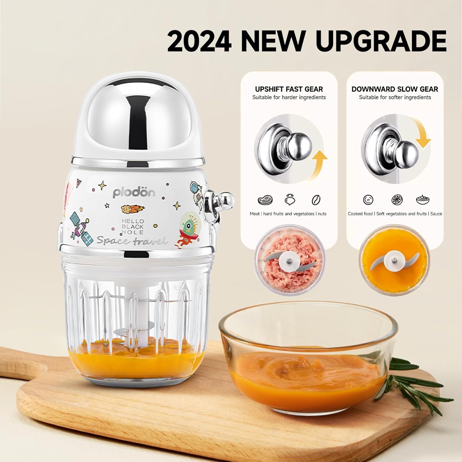 Mini robot de cuisine pour bébé mignon et petit robot de purée, hachoir à purée, bol en verre de 300 ml, bol en verre avec 8 lames électrique (blanc)